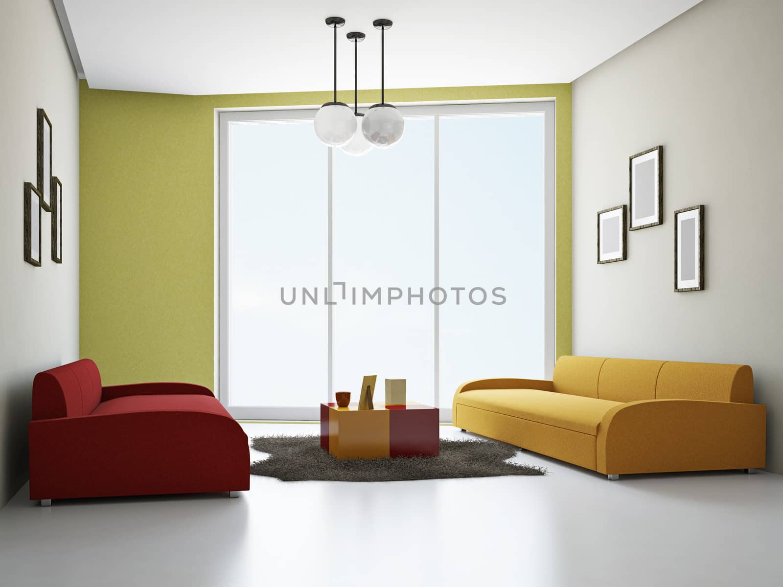 Livingroom with color sofas near the wall