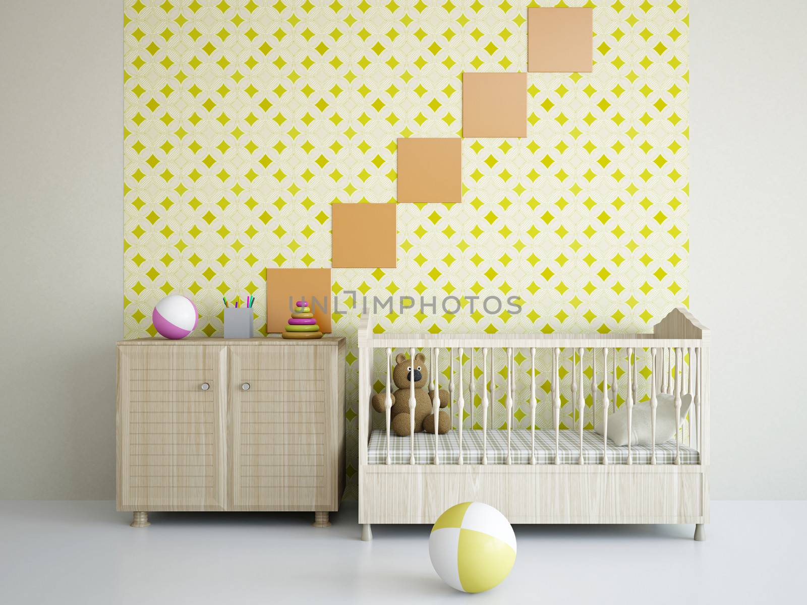 Nursery with toys and the bed near a wall