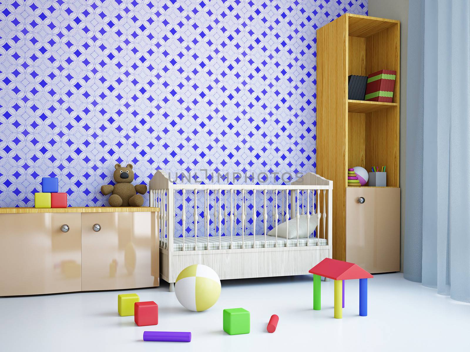 Nursery with toys and the bed near a wall