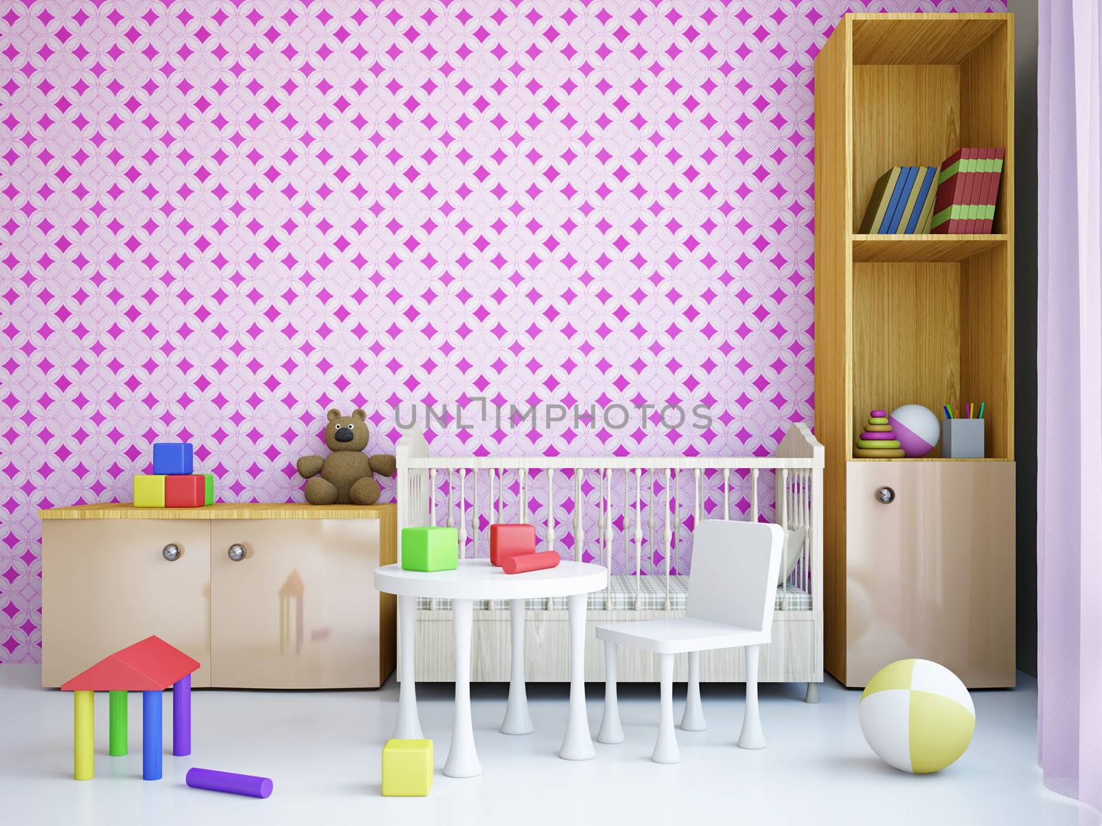 Nursery with toys and the bed near a wall