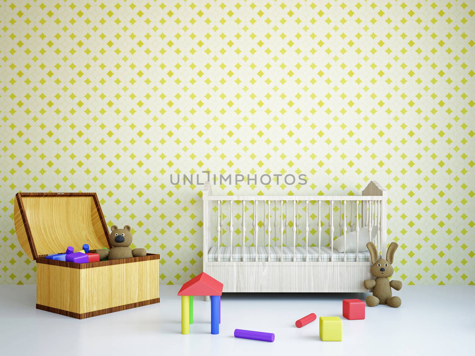 Nursery with toys and the bed near a wall