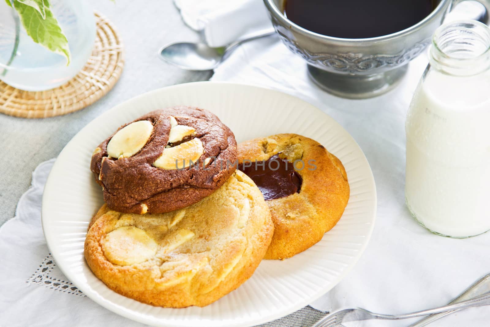 Soft cookies with chocolate ,white chocolate and  dired ginger