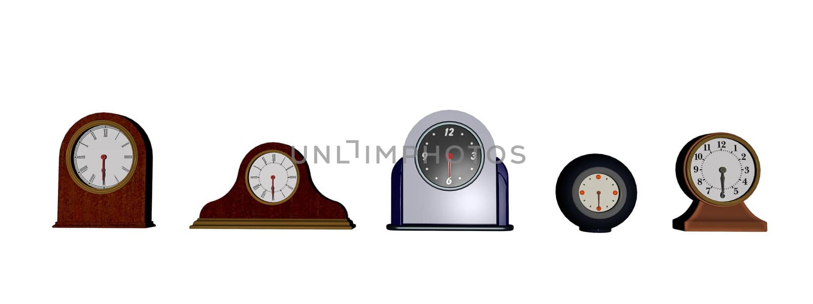 Several different old clocks in white background