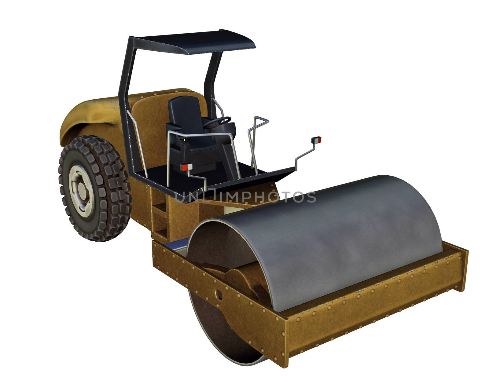 Yellow metallic road roller in white background