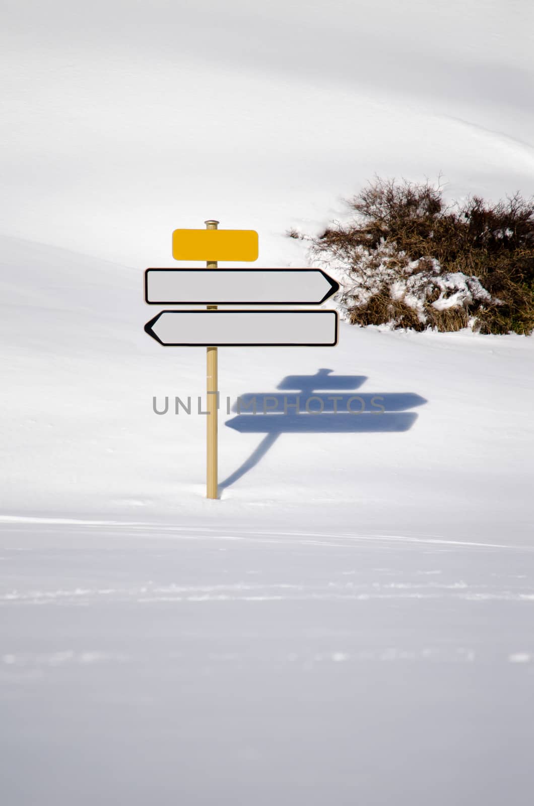 Two empty, blank direction signs in snow landscape