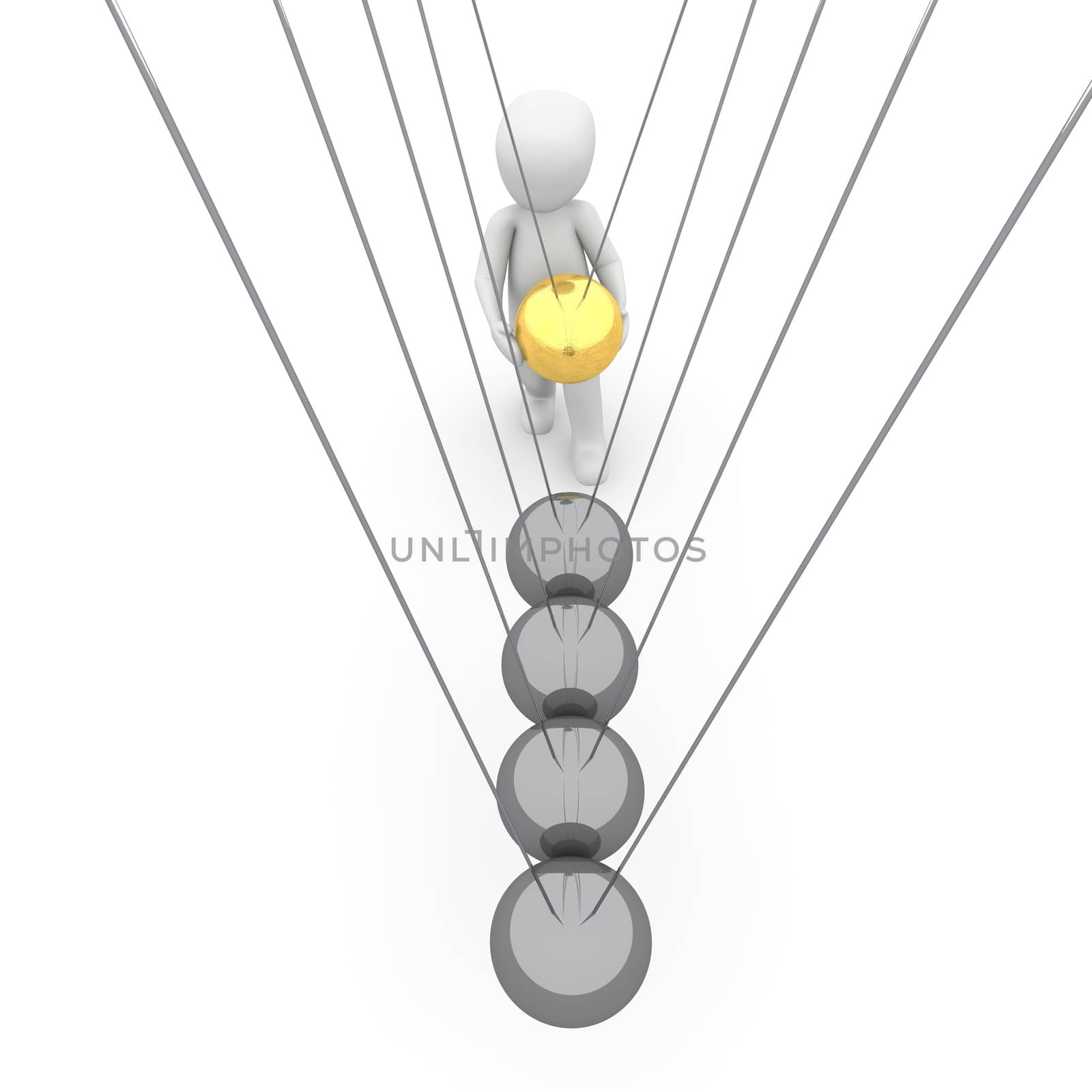 A character uses the golden newton cradle in motion.