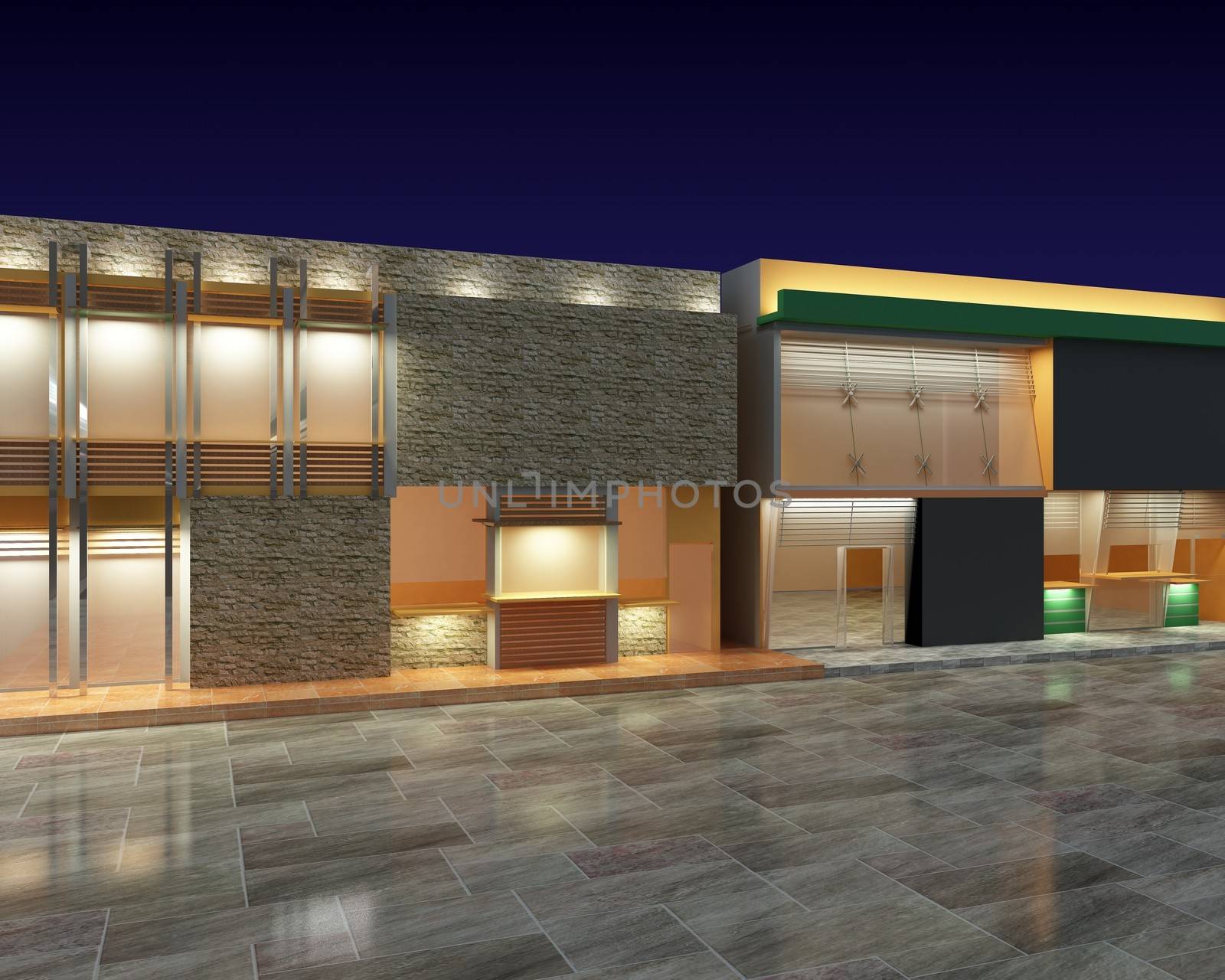 3D Exterior facade of retail shops side view by haiderazim