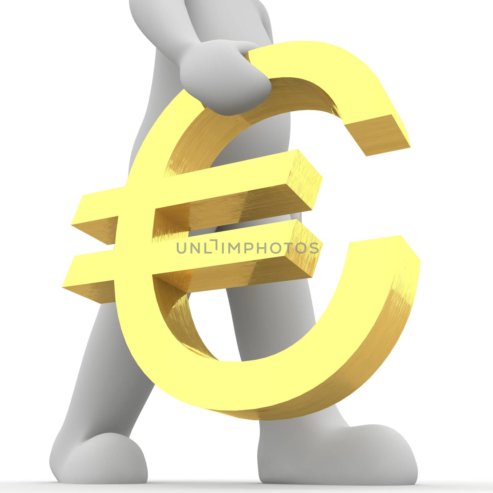 A character holding an gold sign euro in hands.