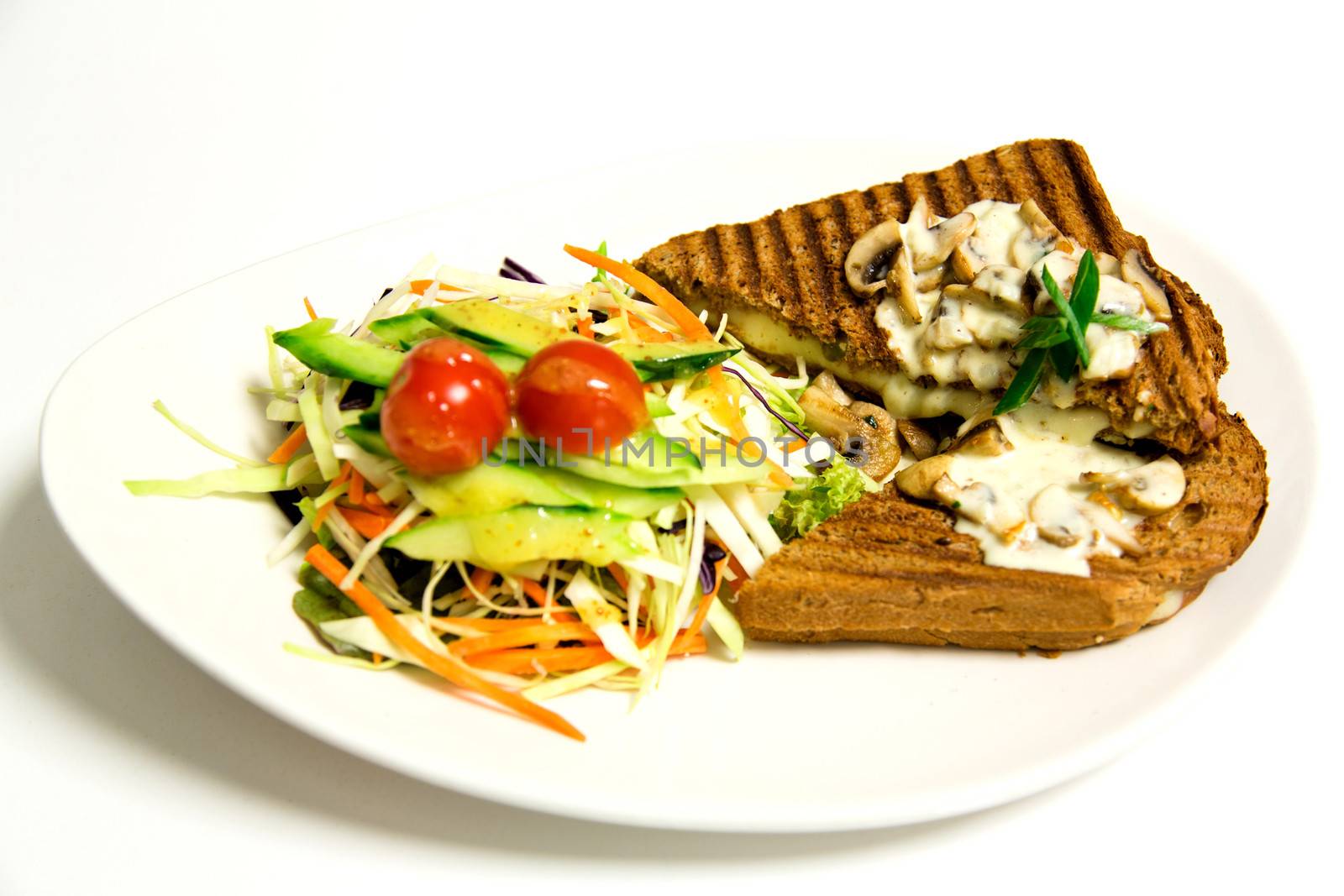 Grill sandwich Panini with salad served for you