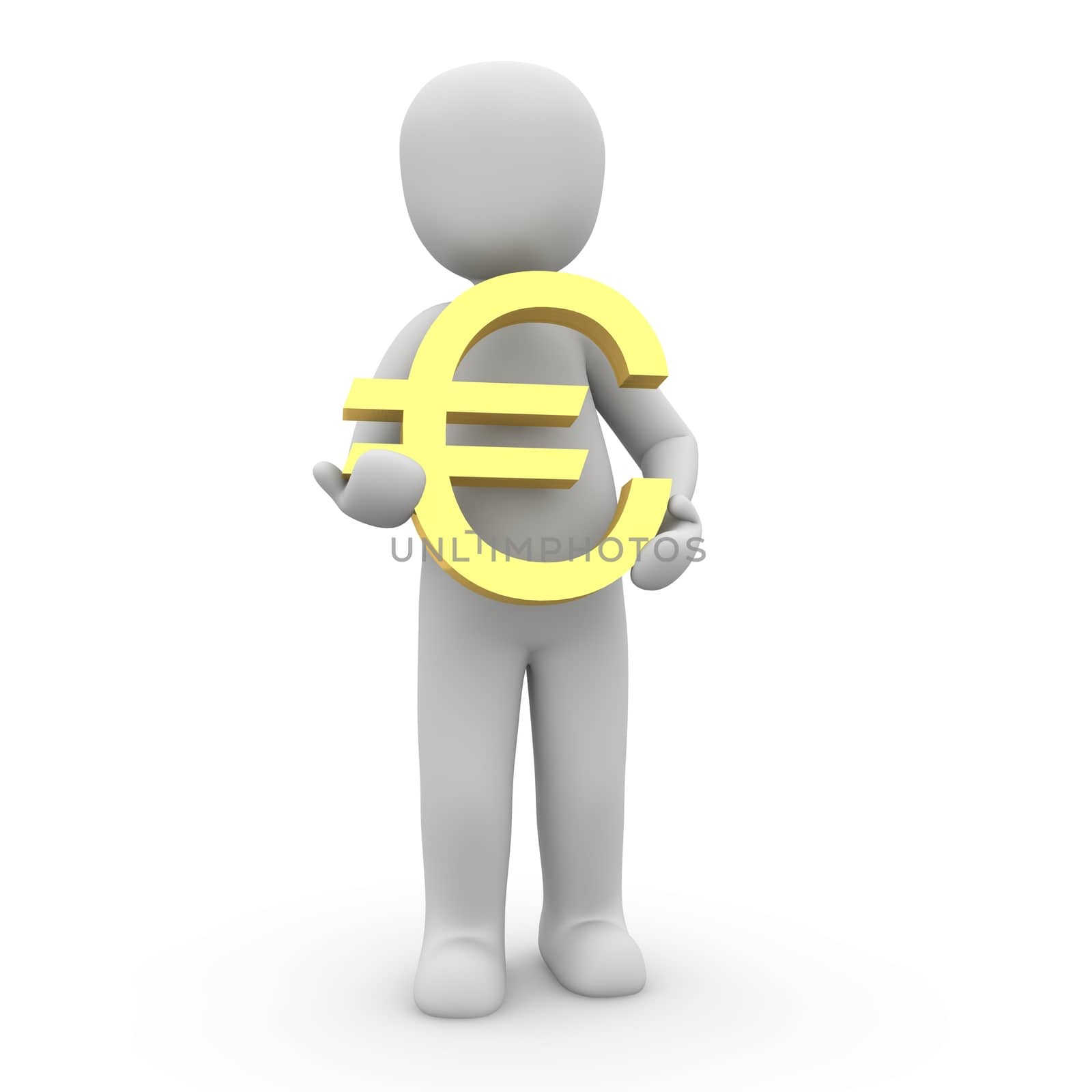 A character holding an gold sign euro in hands.