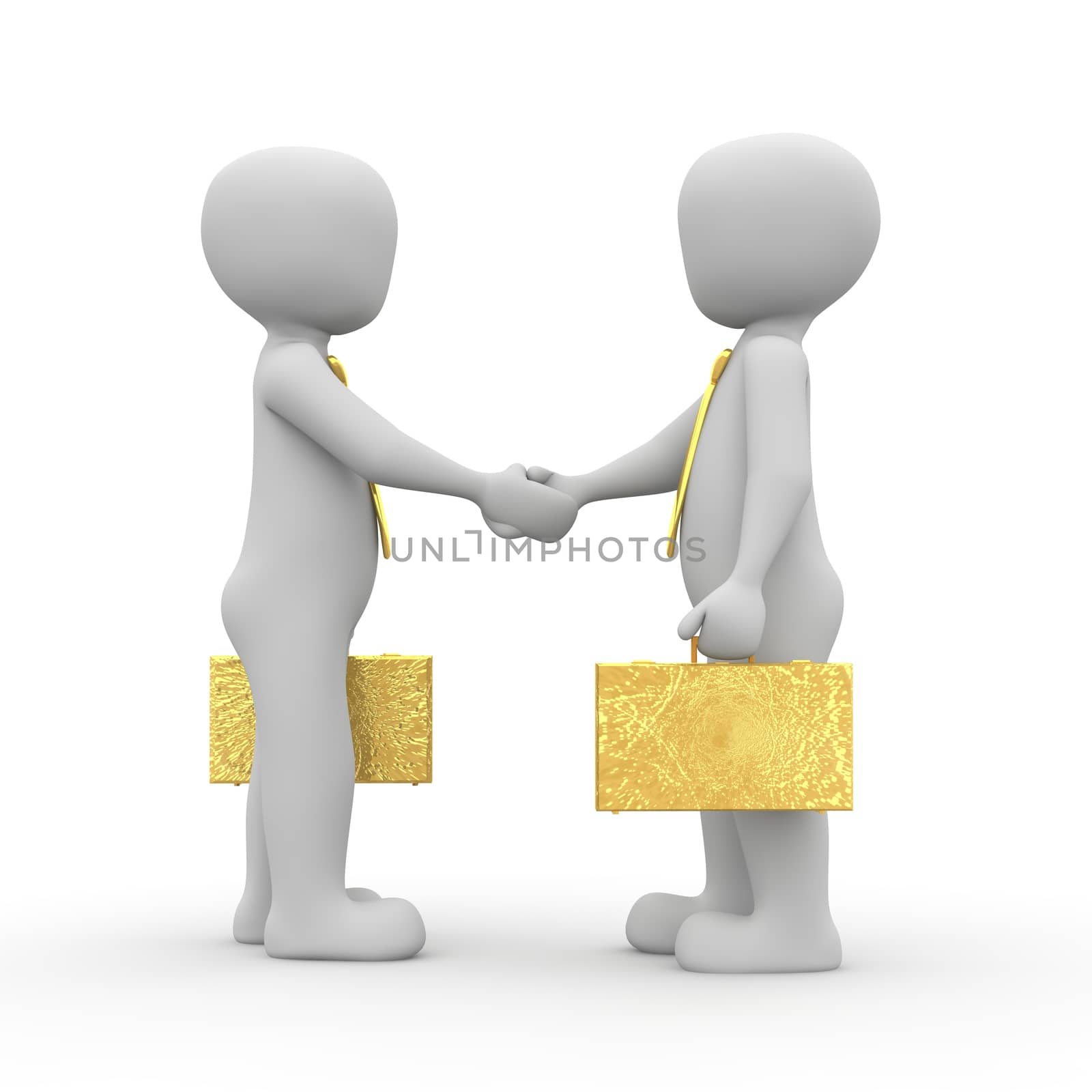 The characters with the gold suitcases shake hands.