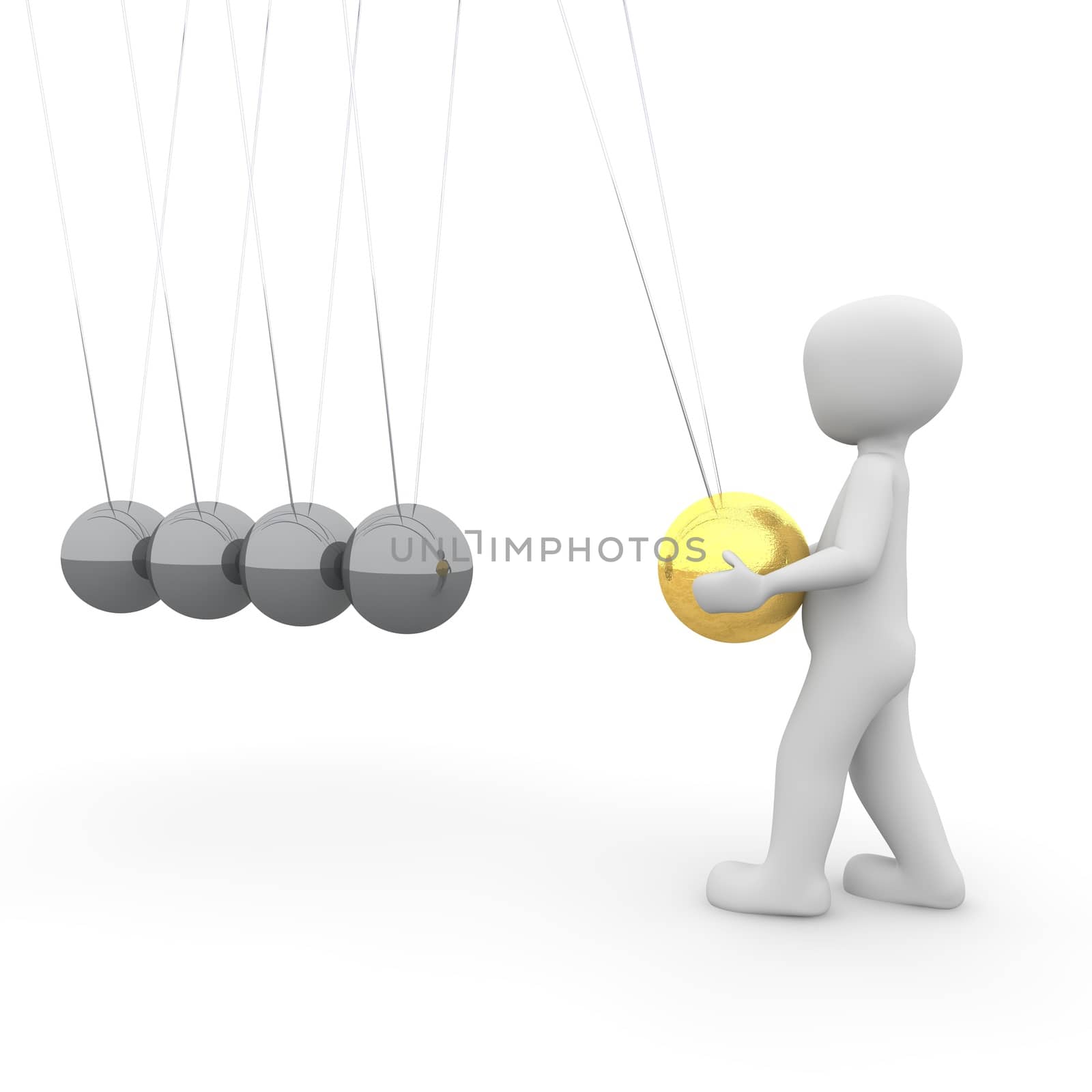 A character uses the golden newton cradle in motion.