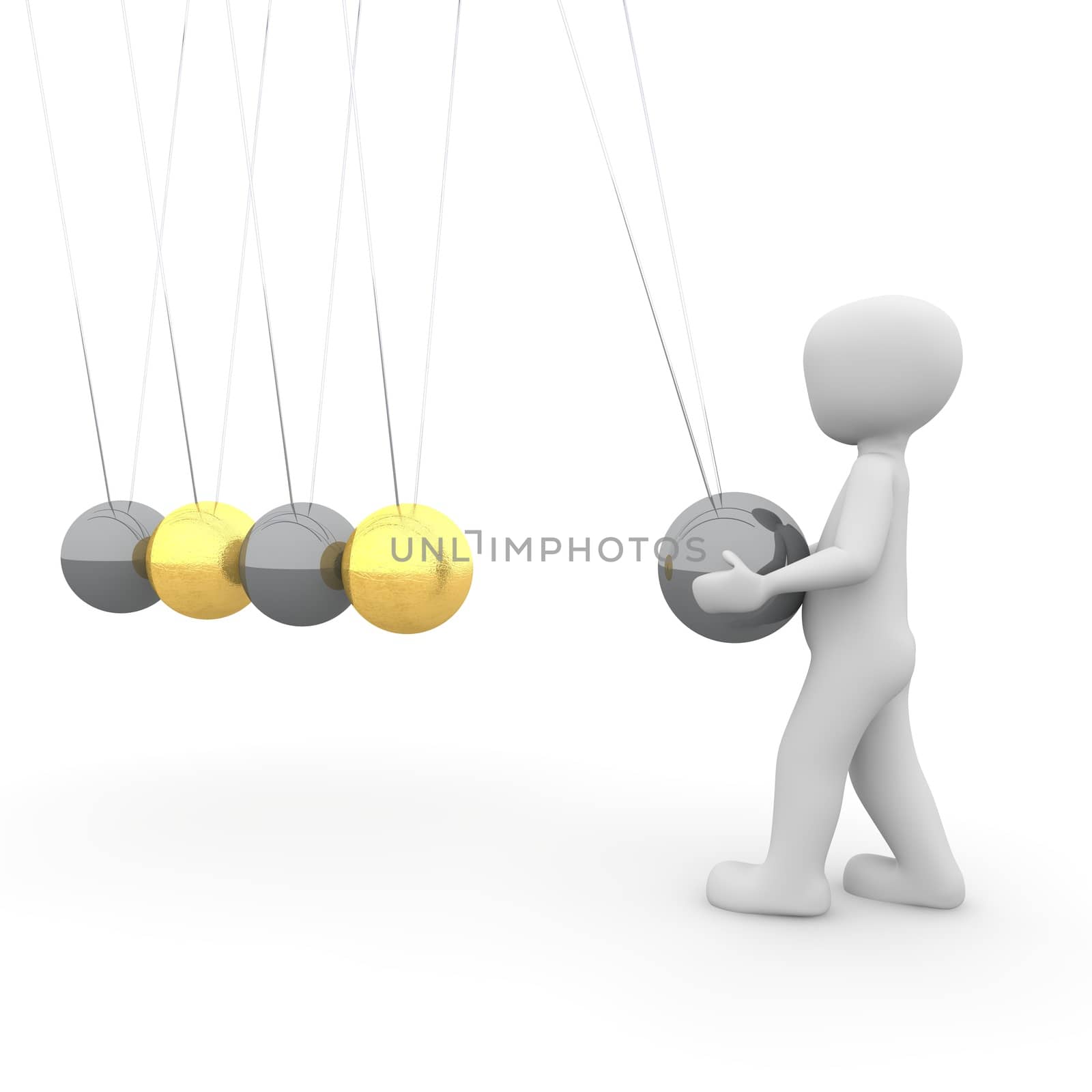 A character uses the golden newton cradle in motion.