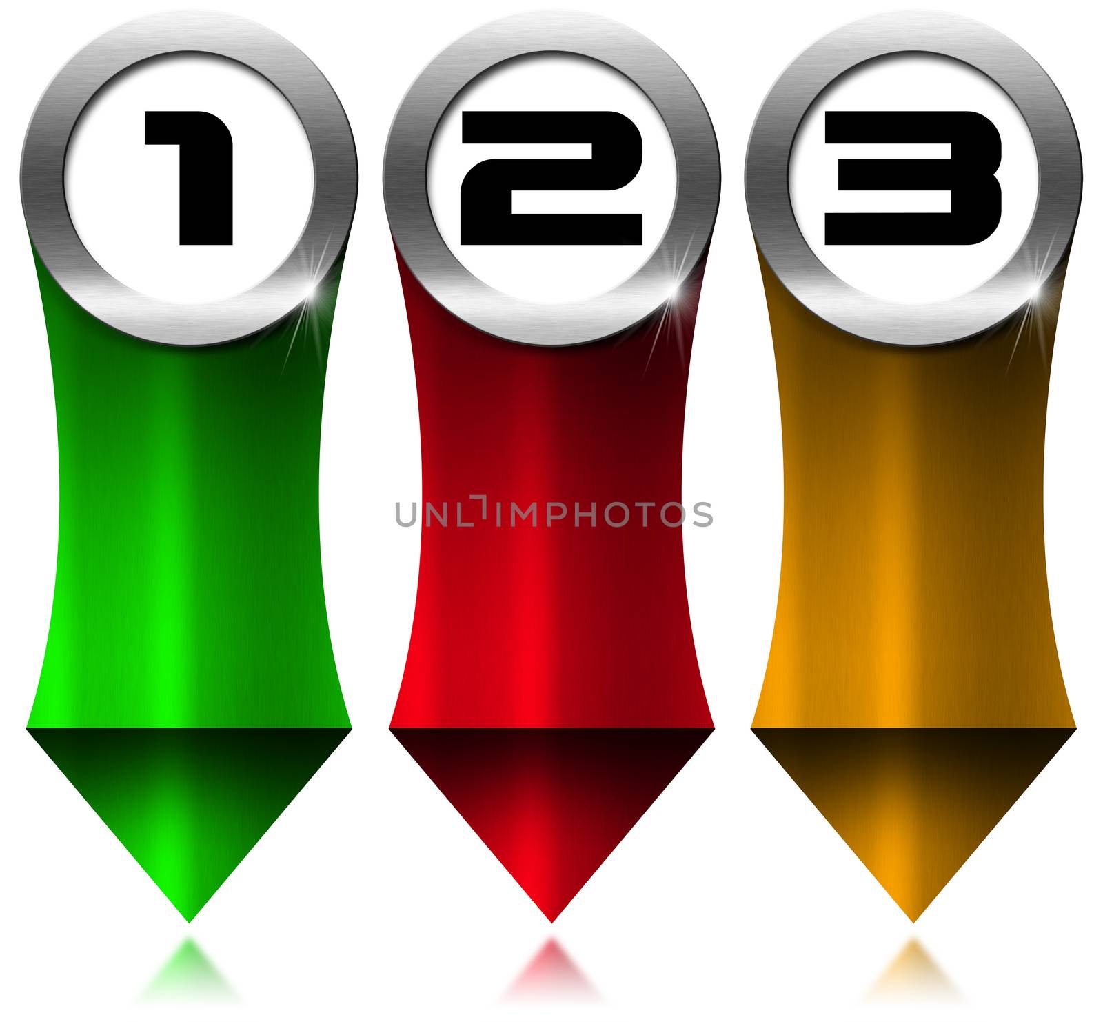 Three vertical metal banners with red, orange and green metallic arrow and three options