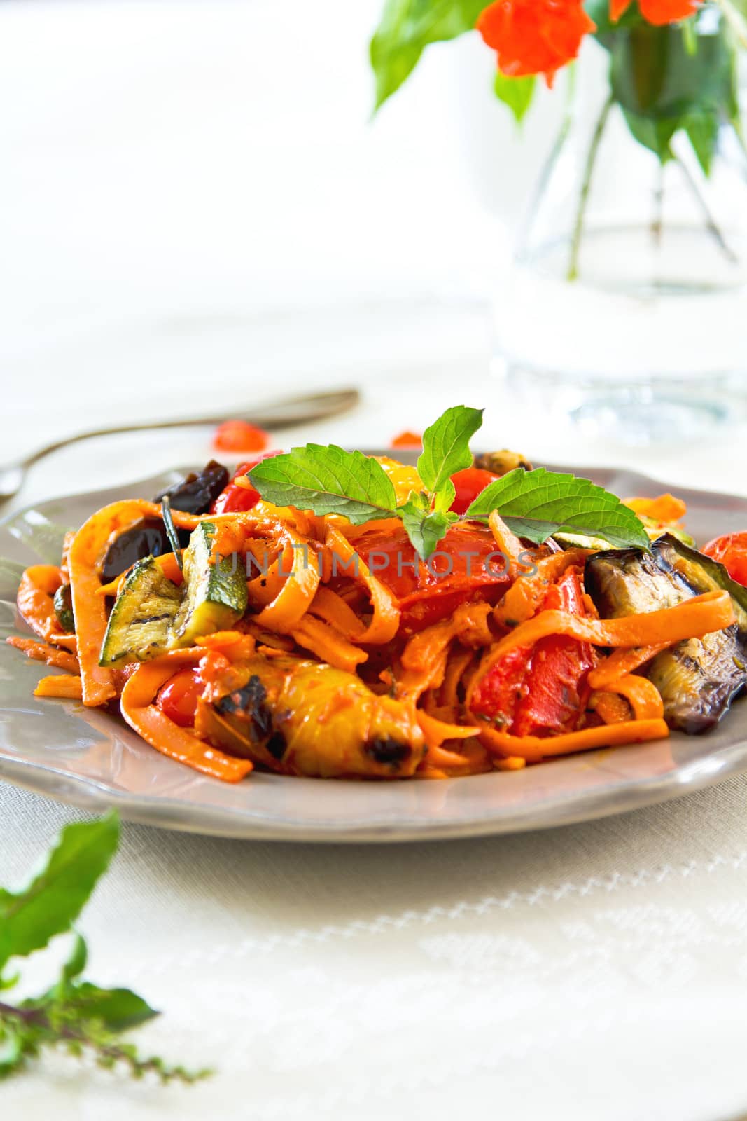 Fettucicne with grilled vegetables and tomato sauce by vanillaechoes