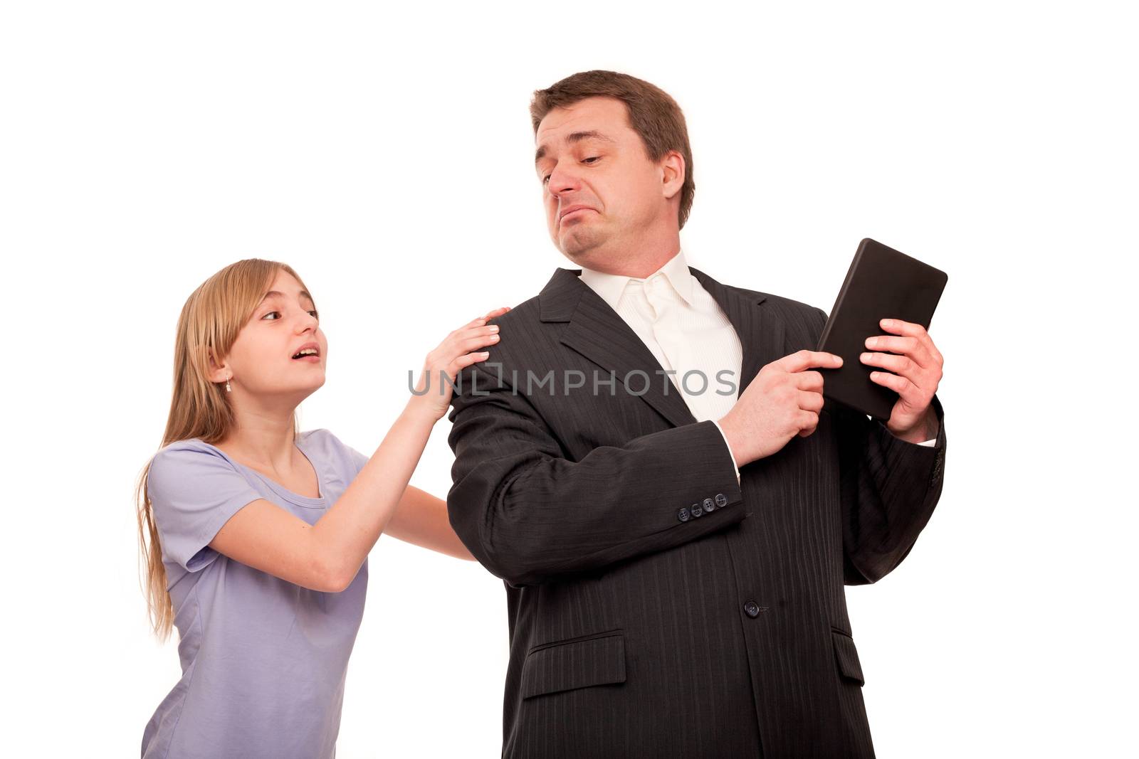 Father refuses to share his tablet with his daughter. Isolated on white.