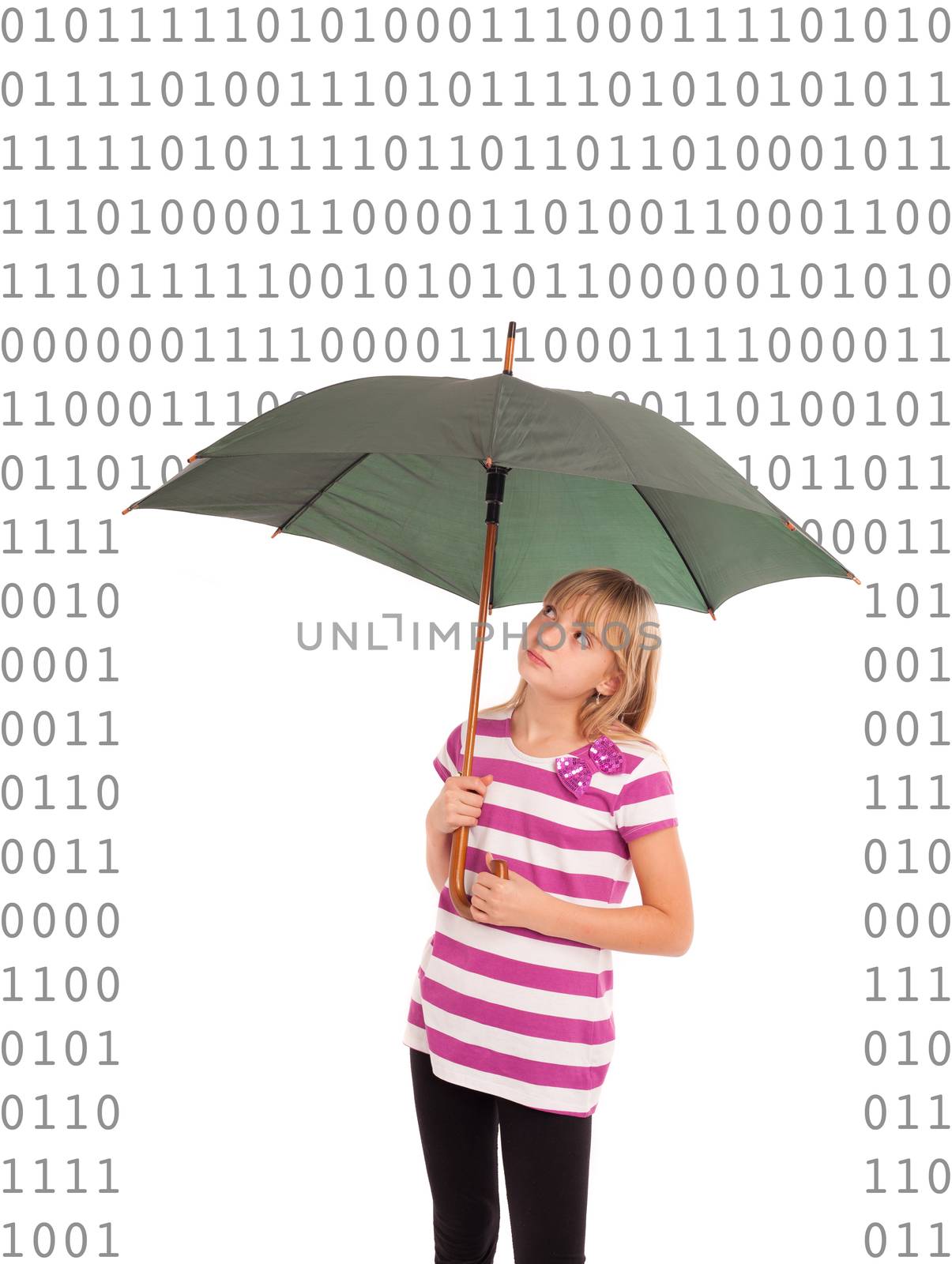Internet protection concept - Teen girl using an umbrella as a digital shield against the 0 and 1 digit numbers. Isolated on white.