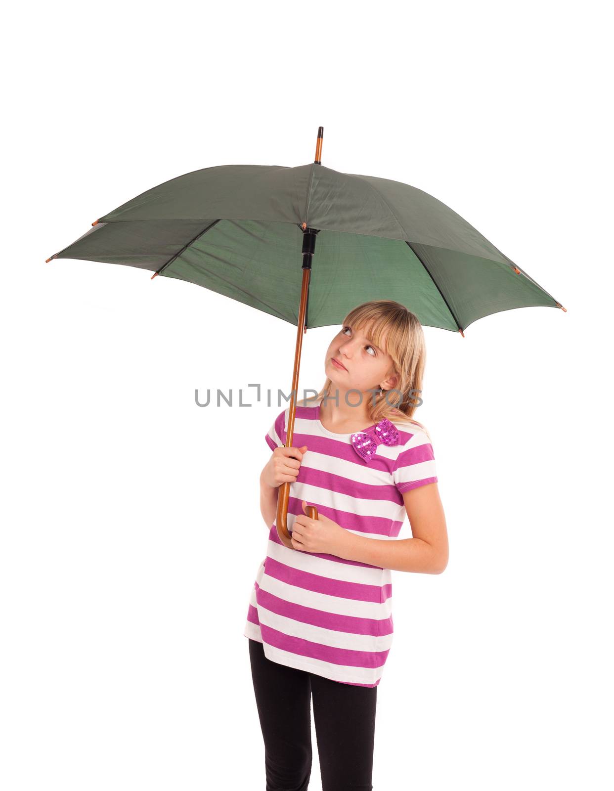 Girl with umbrella in front of a white background.