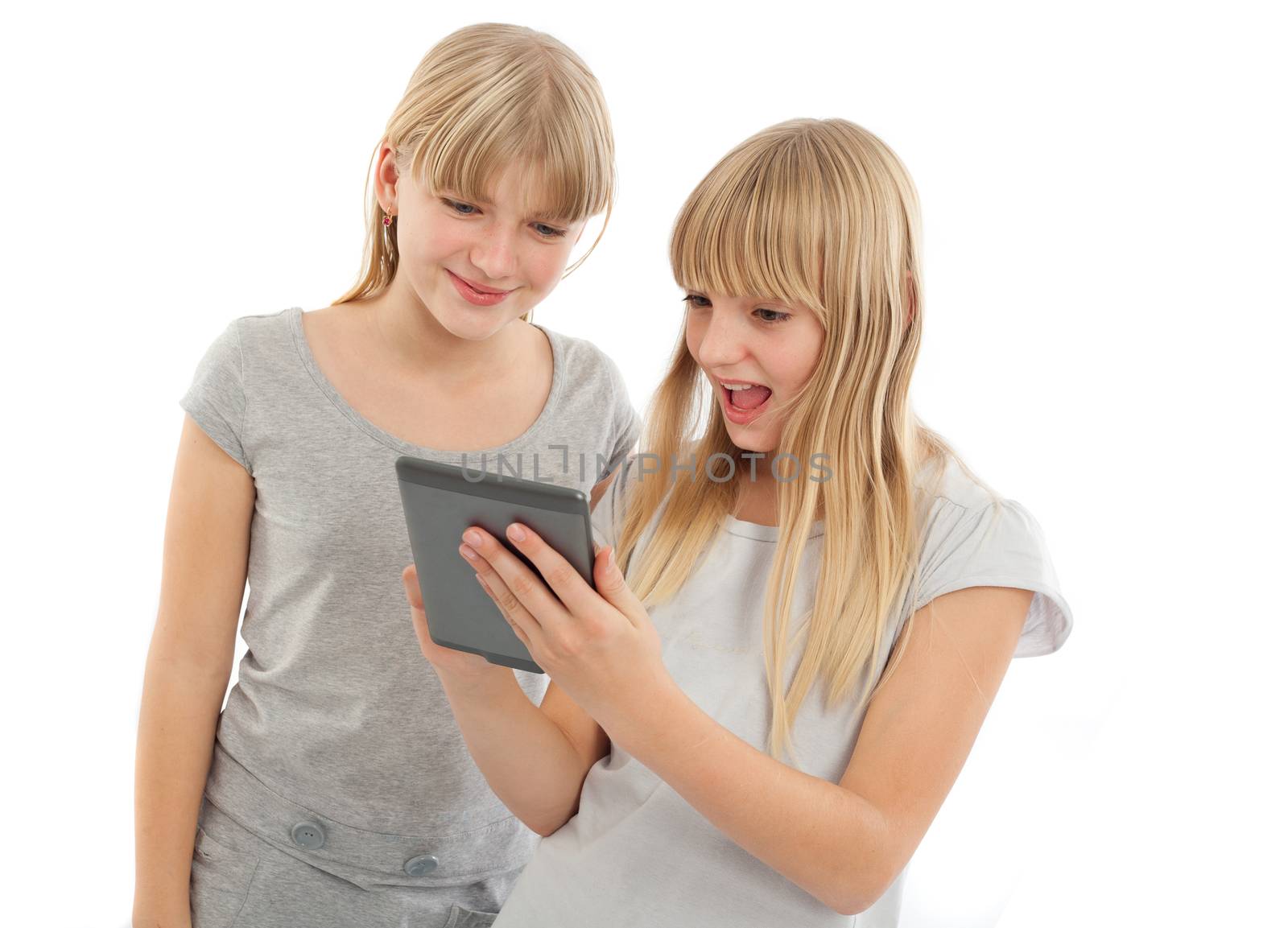 Success with ebook reader - Two cheerful teen girls using an ebook reader.