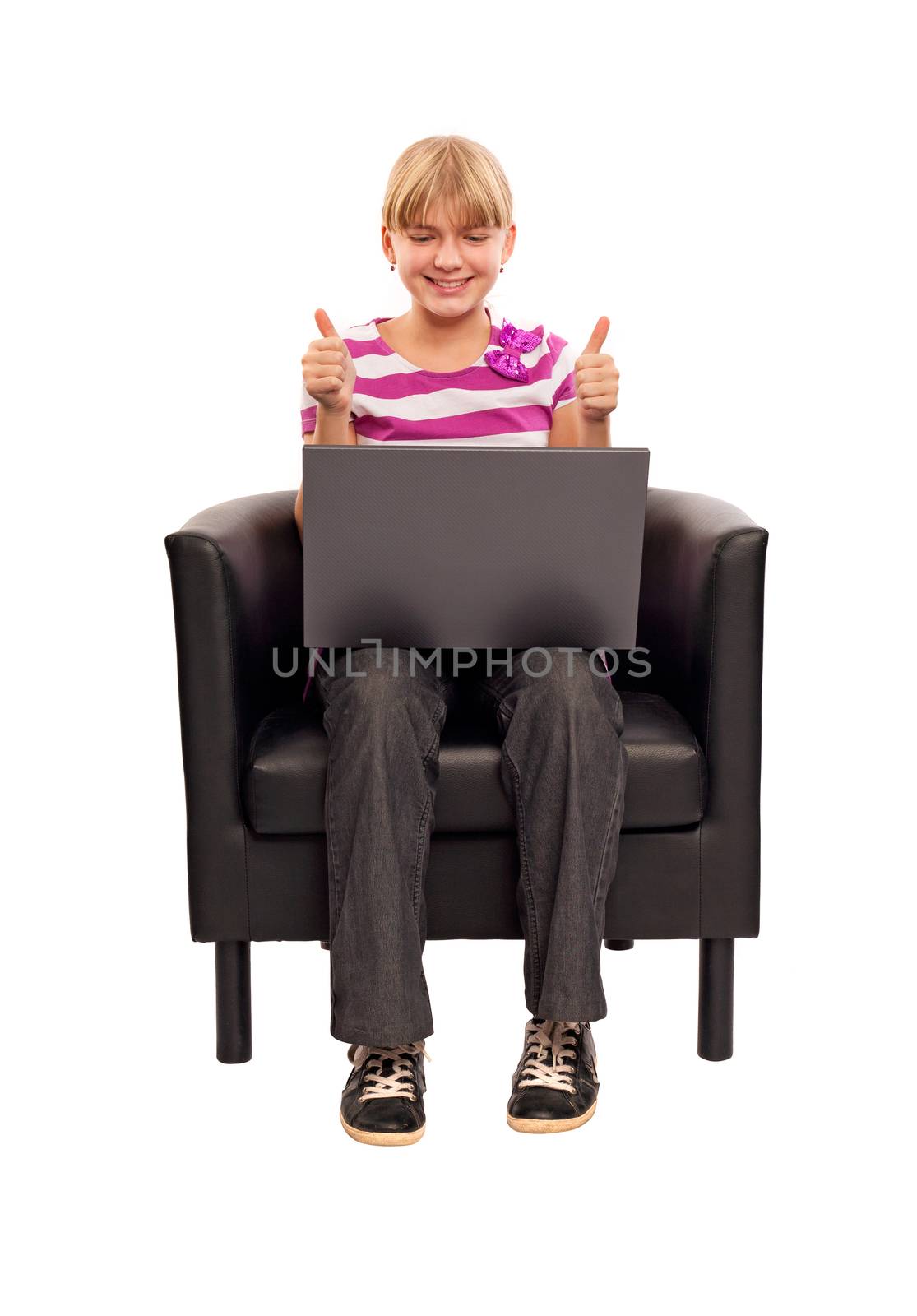 Laptop girl happy giving thumbs up success sign sitting at computer PC with excited face expression. Beautiful smiling cheerful Caucasian student girl on white background.