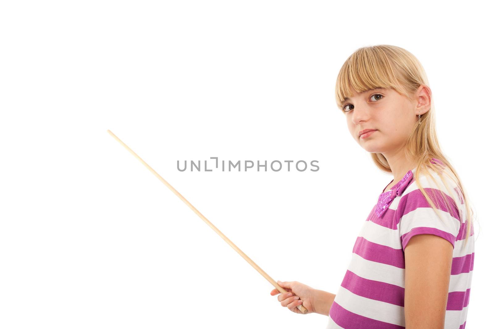 Young female holding a pointing stick isolated on white background