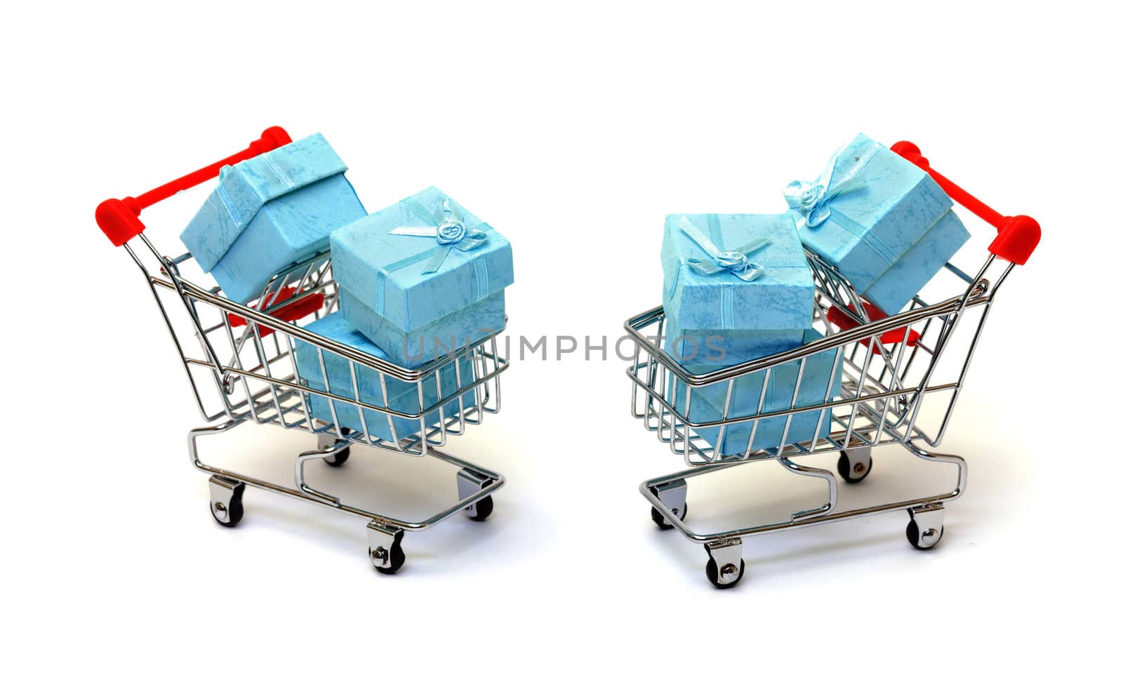 Cyan gift boxes in shopping carts by Discovod