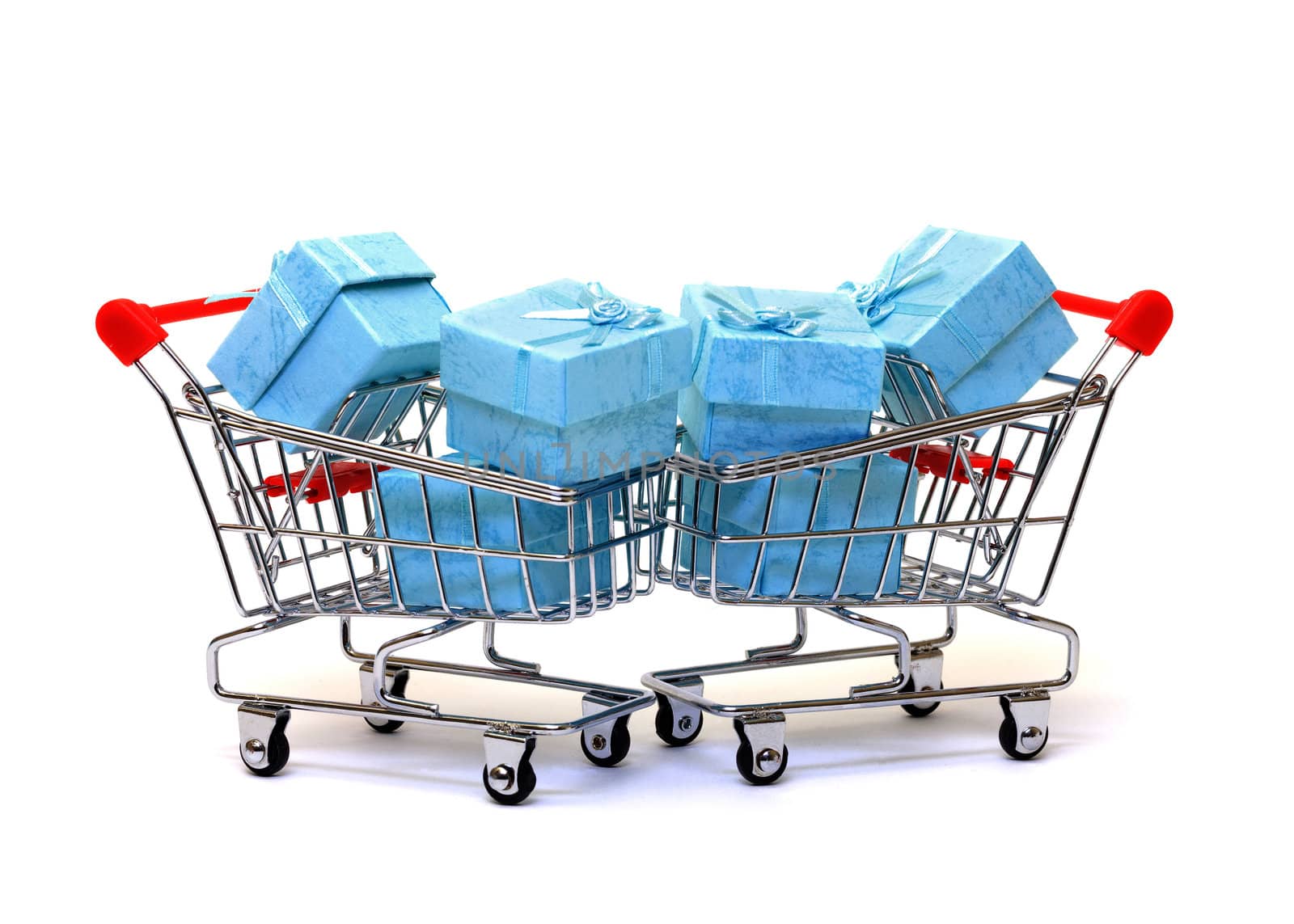 Cyan gift boxes in shopping carts by Discovod