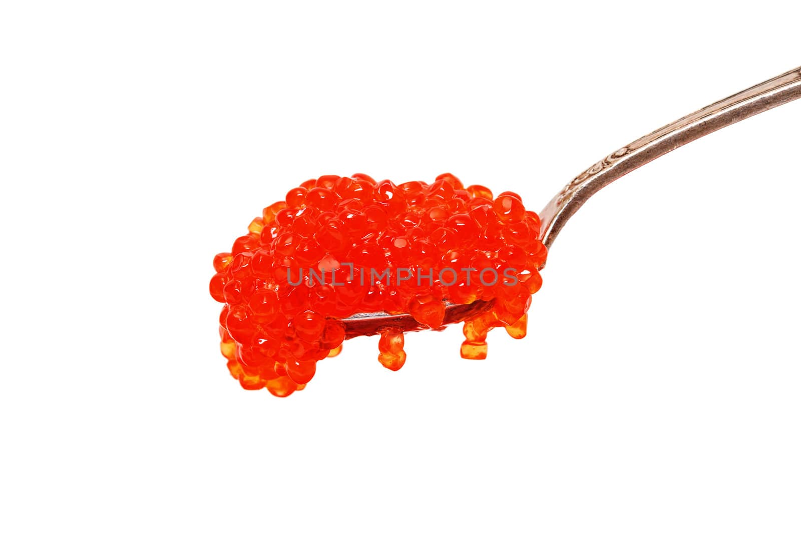 Red salted caviar with spoon on a white background