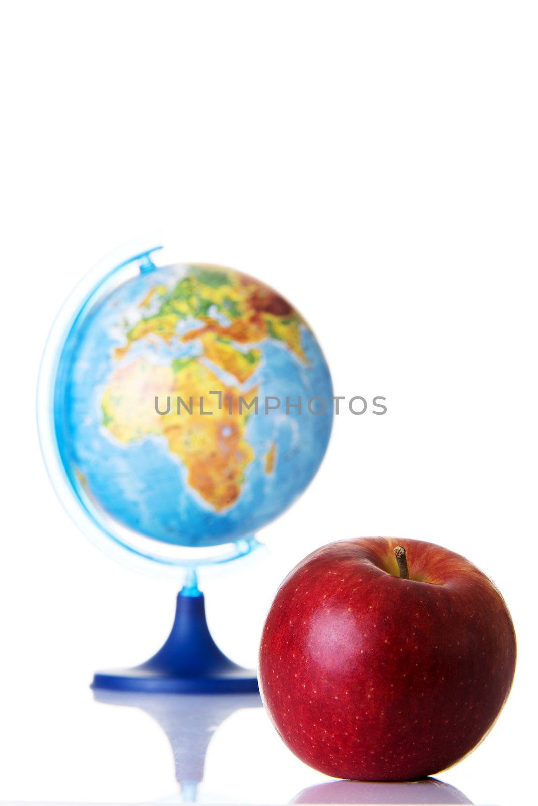 Apple and globe on white background. Learning and education concept.