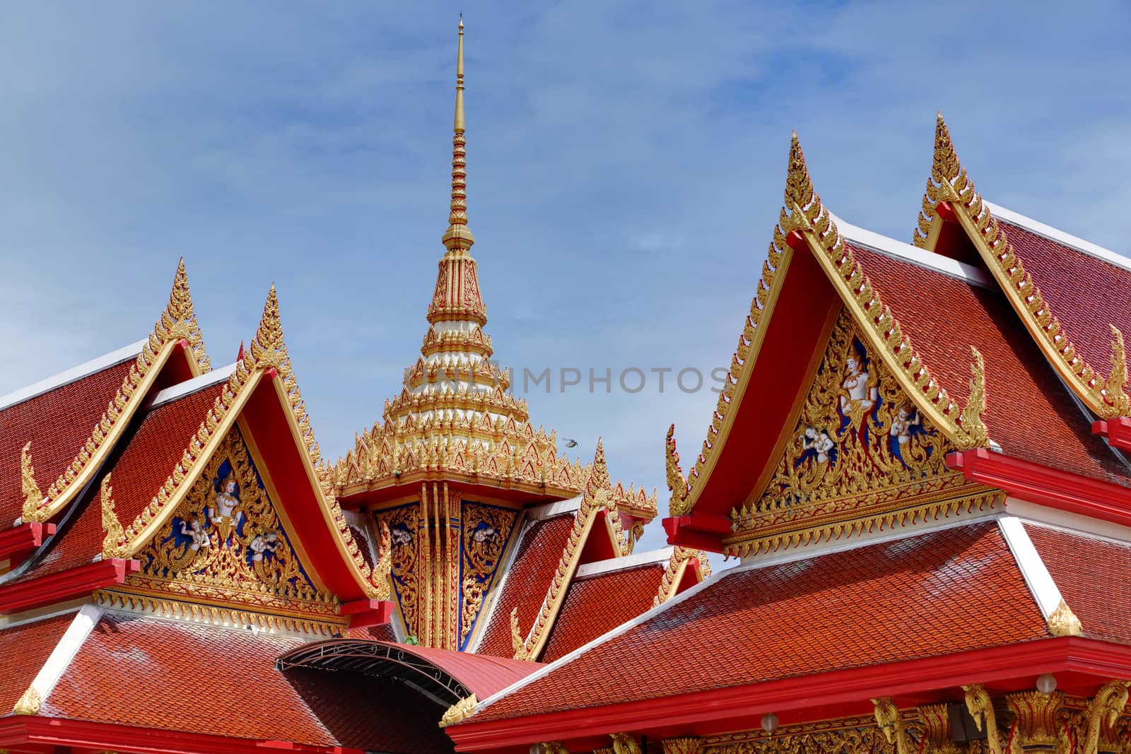 Thai big temple with red roof tiles