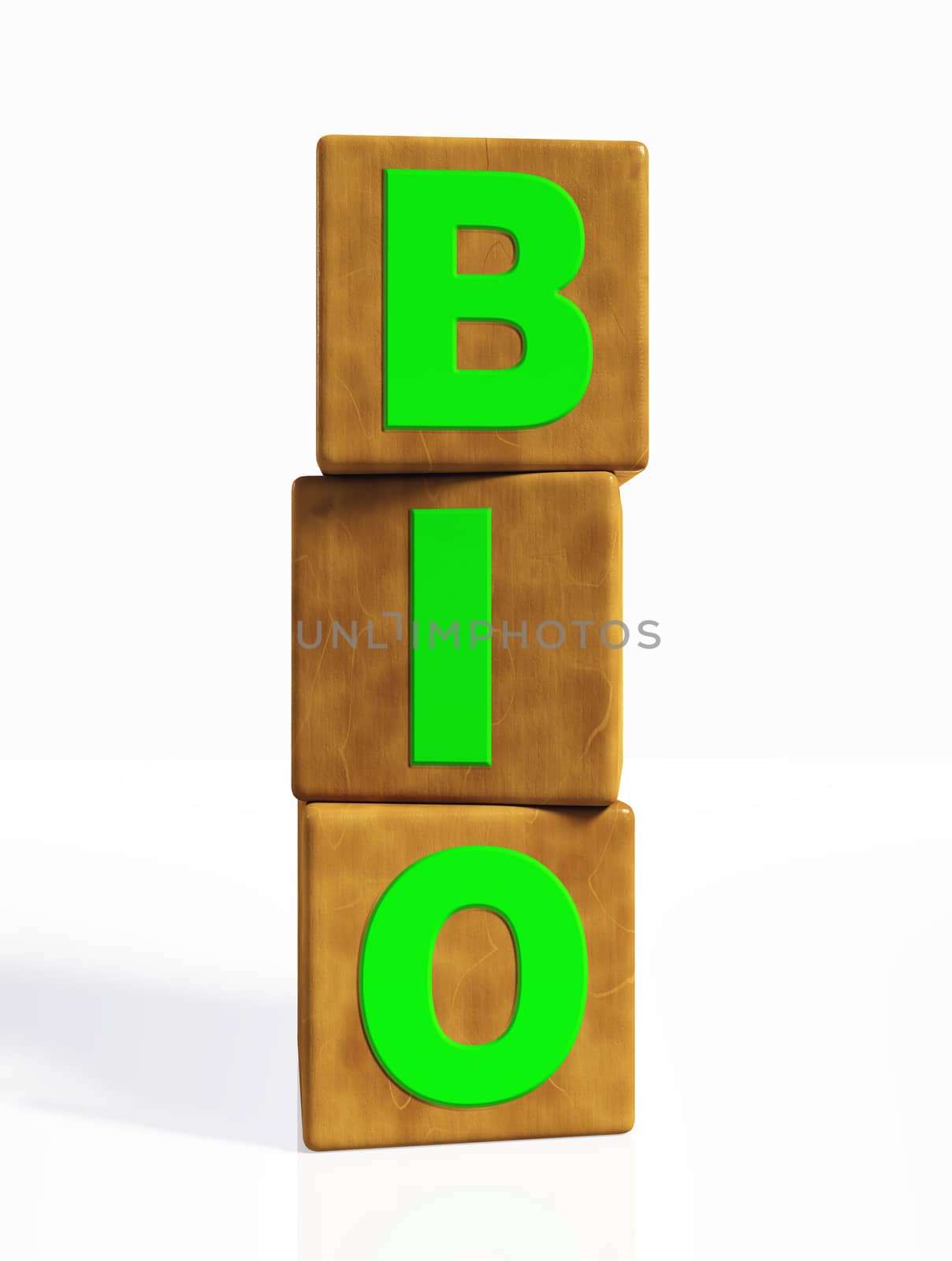 bio word composed from green letters on cubes made of wood, placed in a vertical position on a white background
