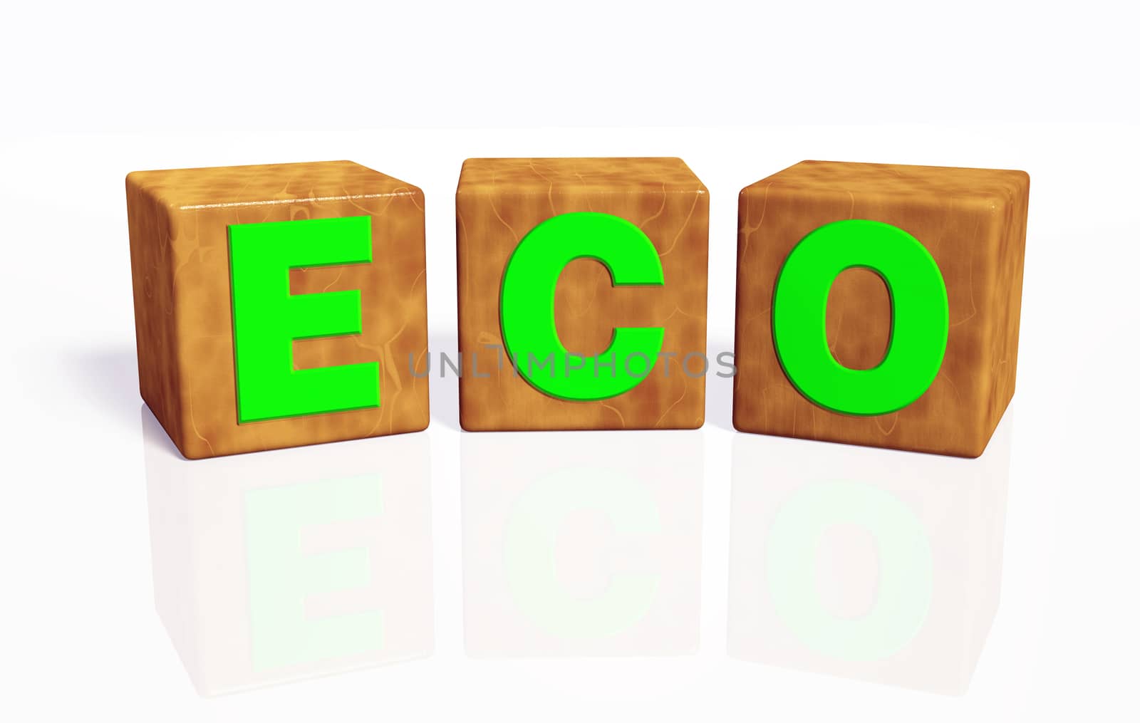 eco word composed from green letters on cubes made of wood, placed in rounded position on a white background