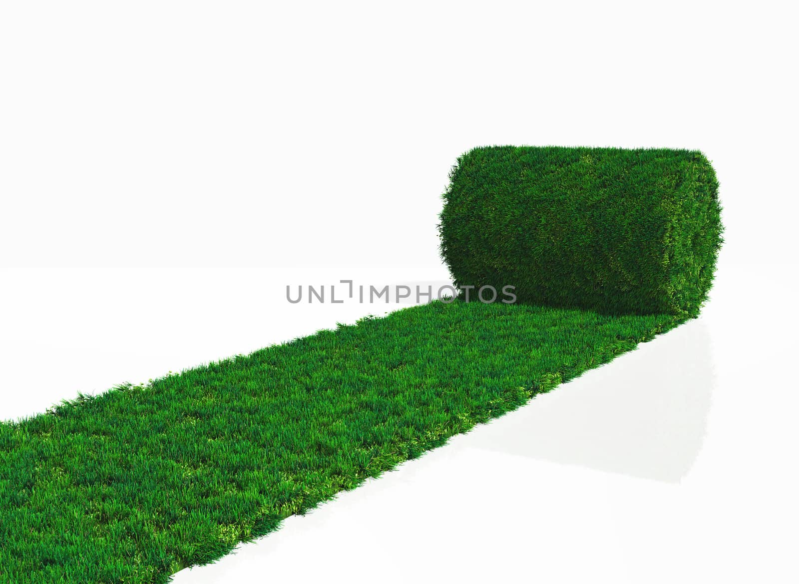 a roll of grass carpet is unrolling in one direction on a white background