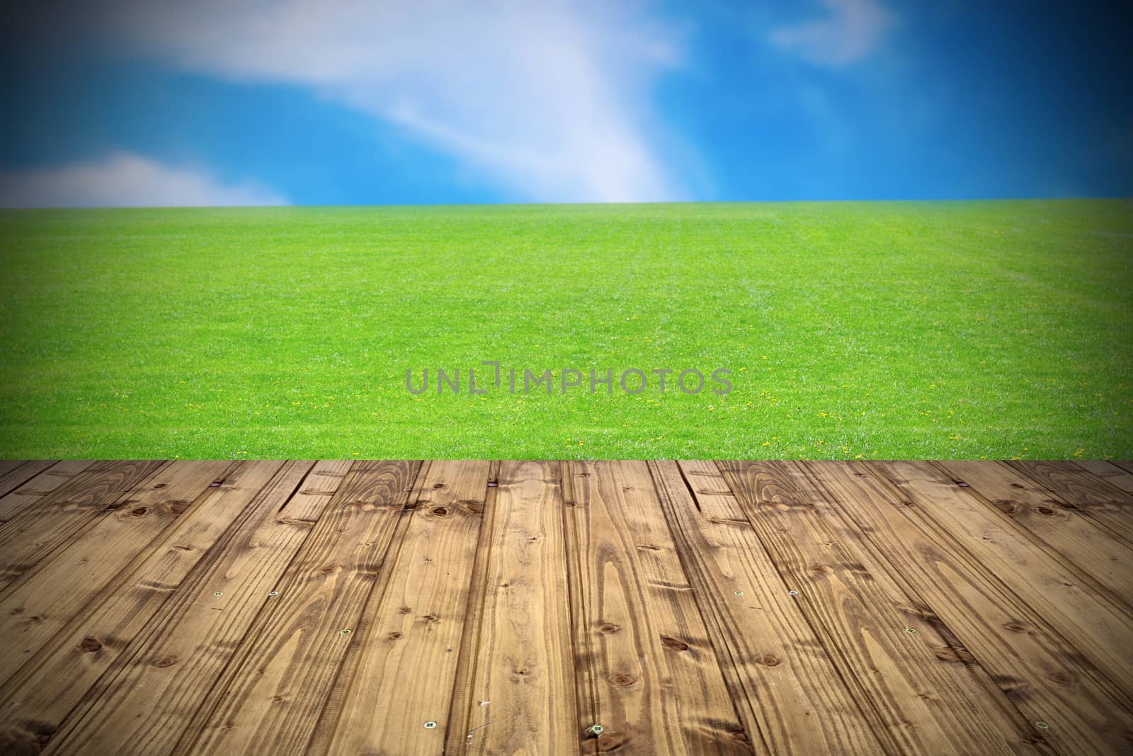 wooden panel floor background towards beautiful green meadow