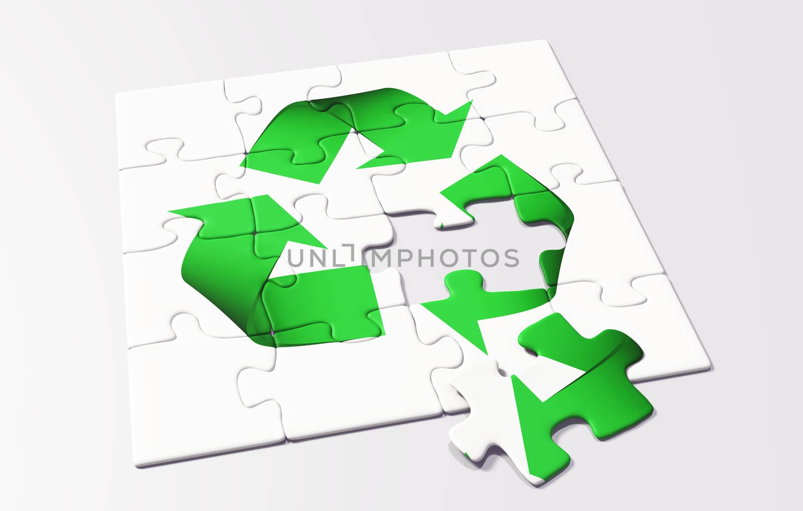 a last missing puzzle piece is lying on a puzzle where it is shown a green recycling symbol on a white background