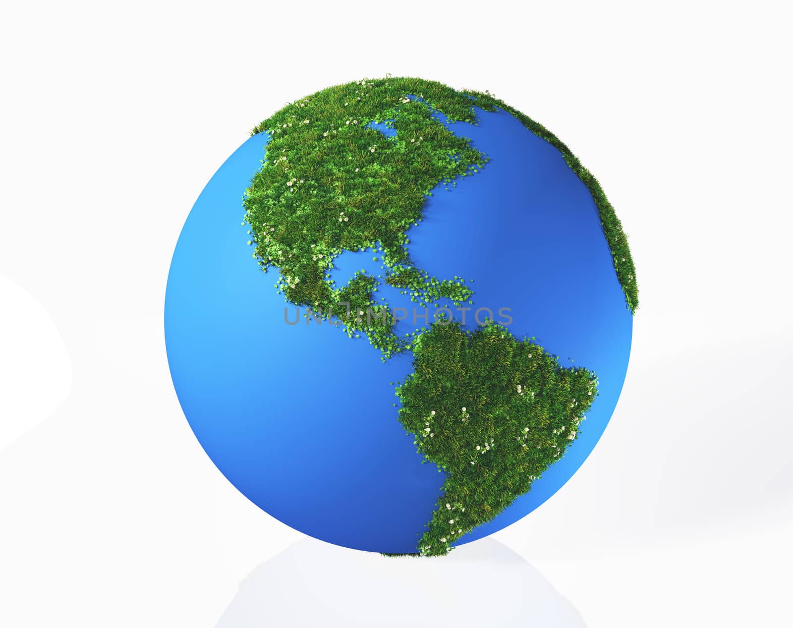 a 3d rendering of the world that has the american continent made by grass and flowers, on a white background