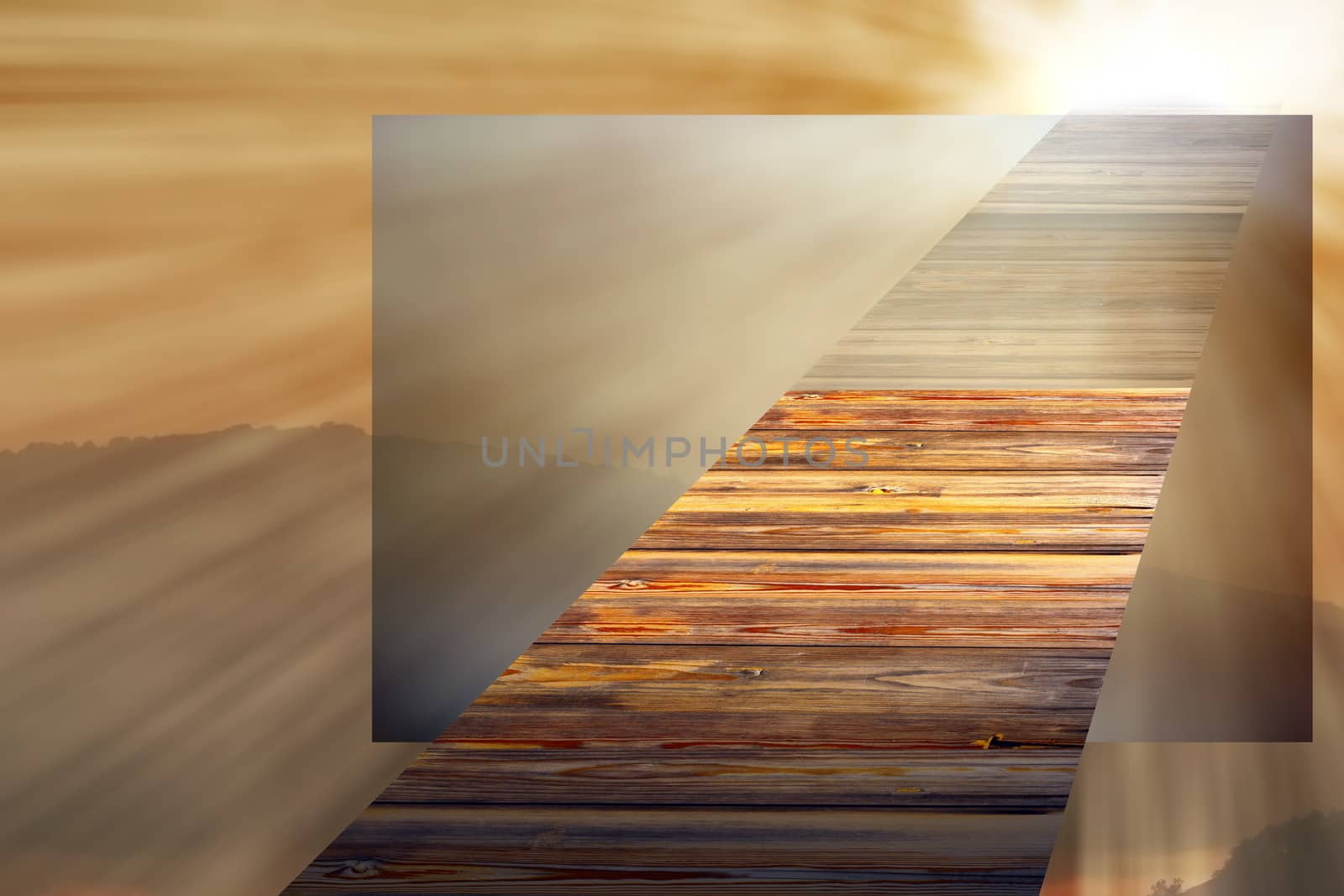 concept with wooden bridge going towards the light in the sky , entering a parallel world