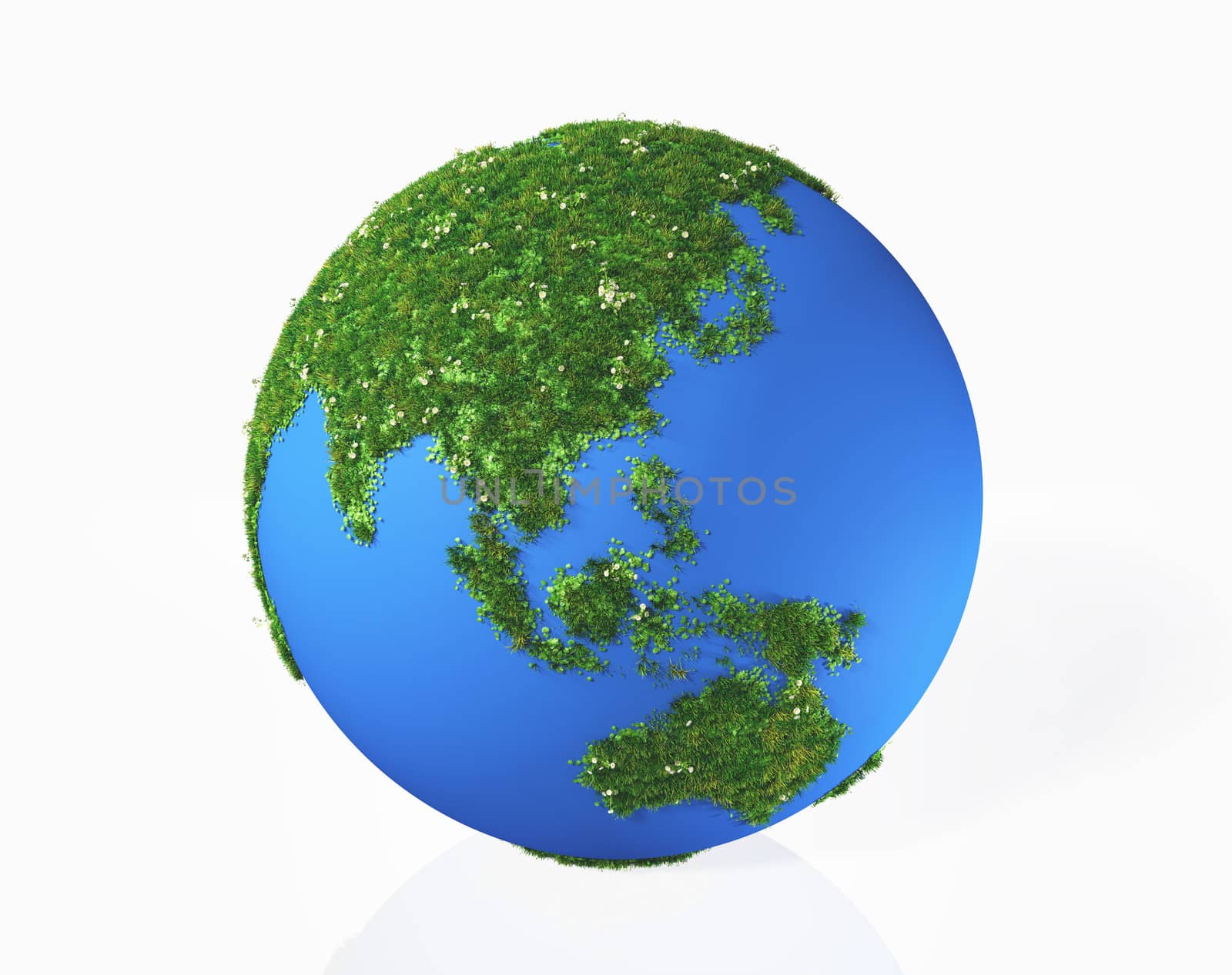 a 3d rendering of the world that has the continent asia made by grass and flowers, on a white background