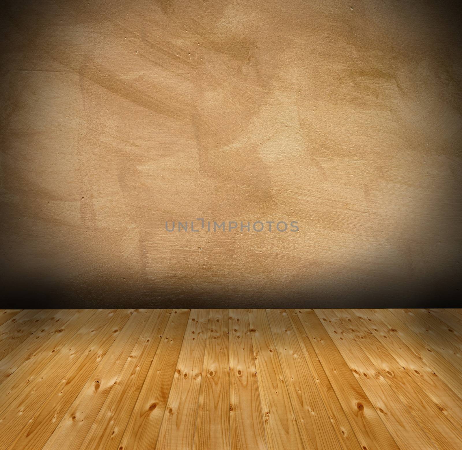 empty architectural background - interior with wooden floor and grungy wall with vignette