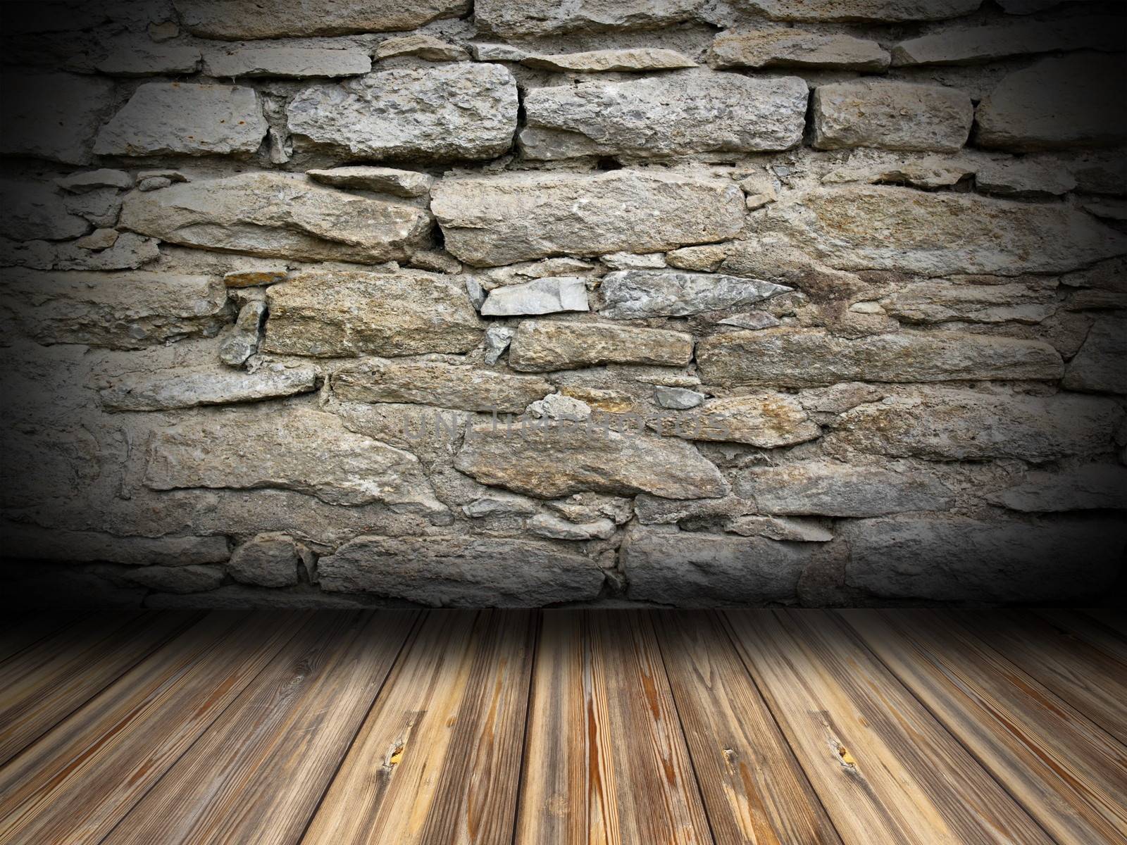 empty room interior background with wooden floor and grungy stone wall