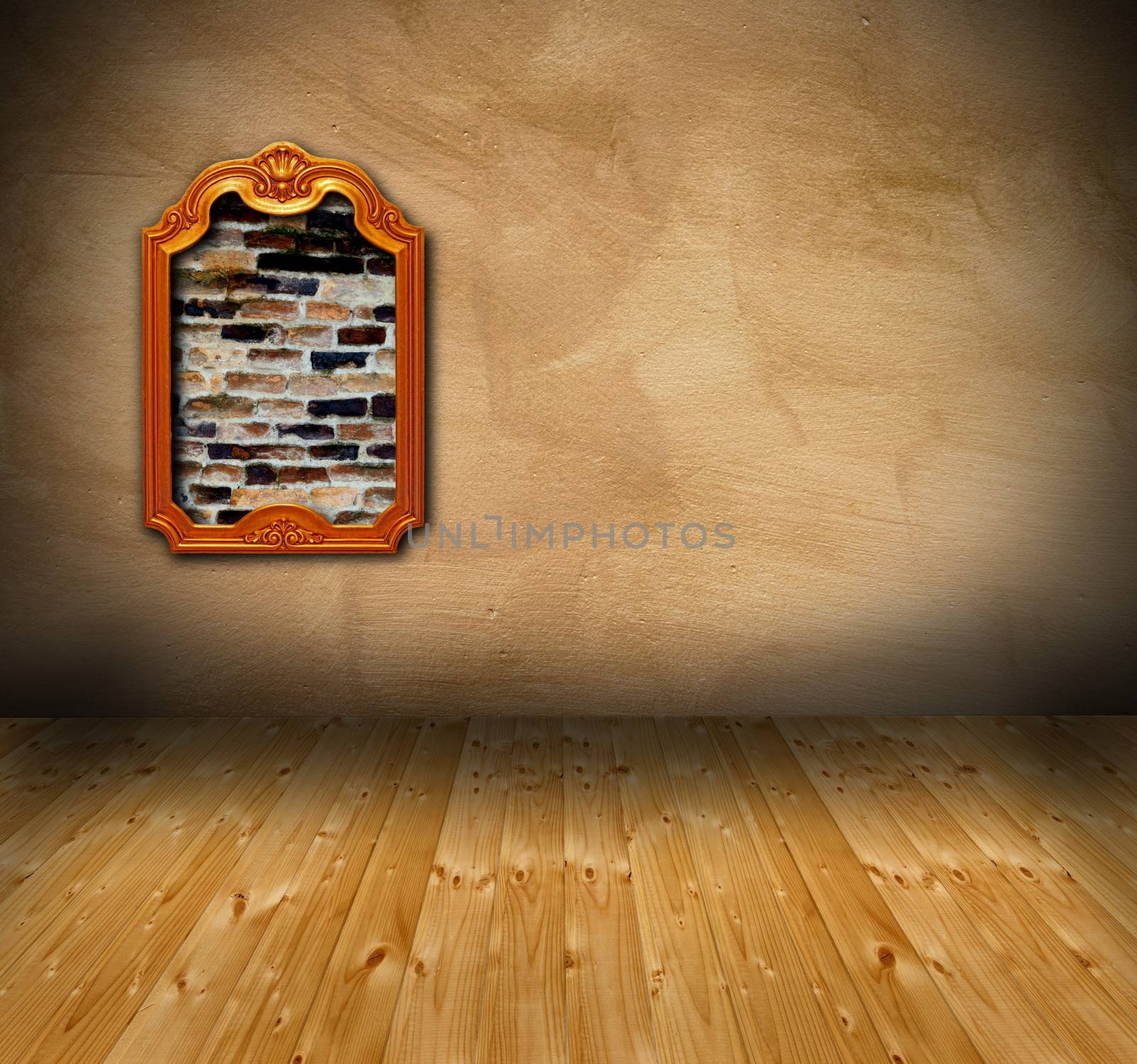 interior backdrop with wooden floor and grunge wall, with old frame revealing the structural bricks