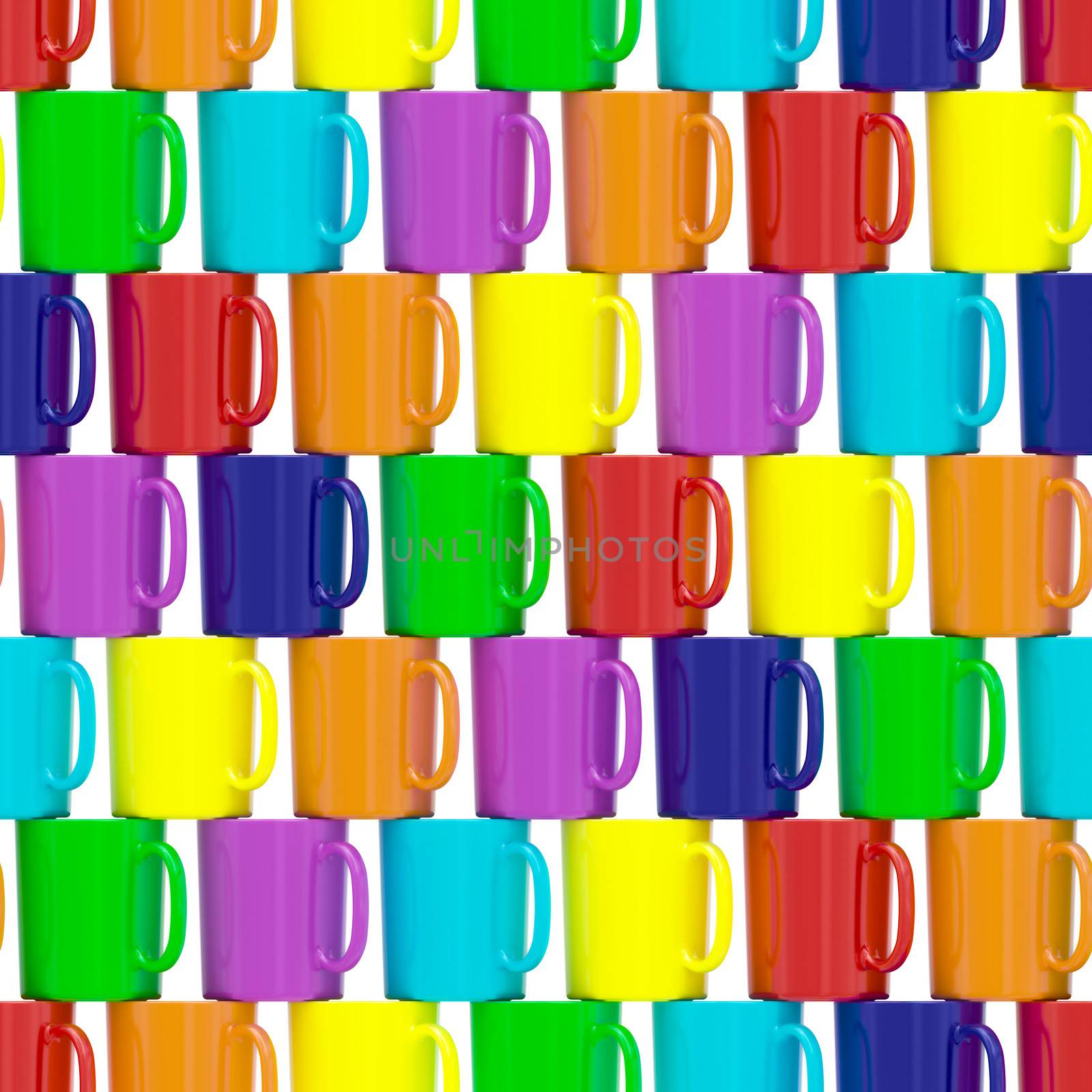 Seamless background composed of colorful ceramic cups isolated on white. High resolution 3D image