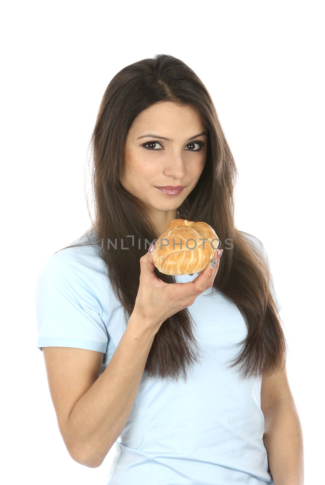 Model Released. Woman Eating Cornish Pasty