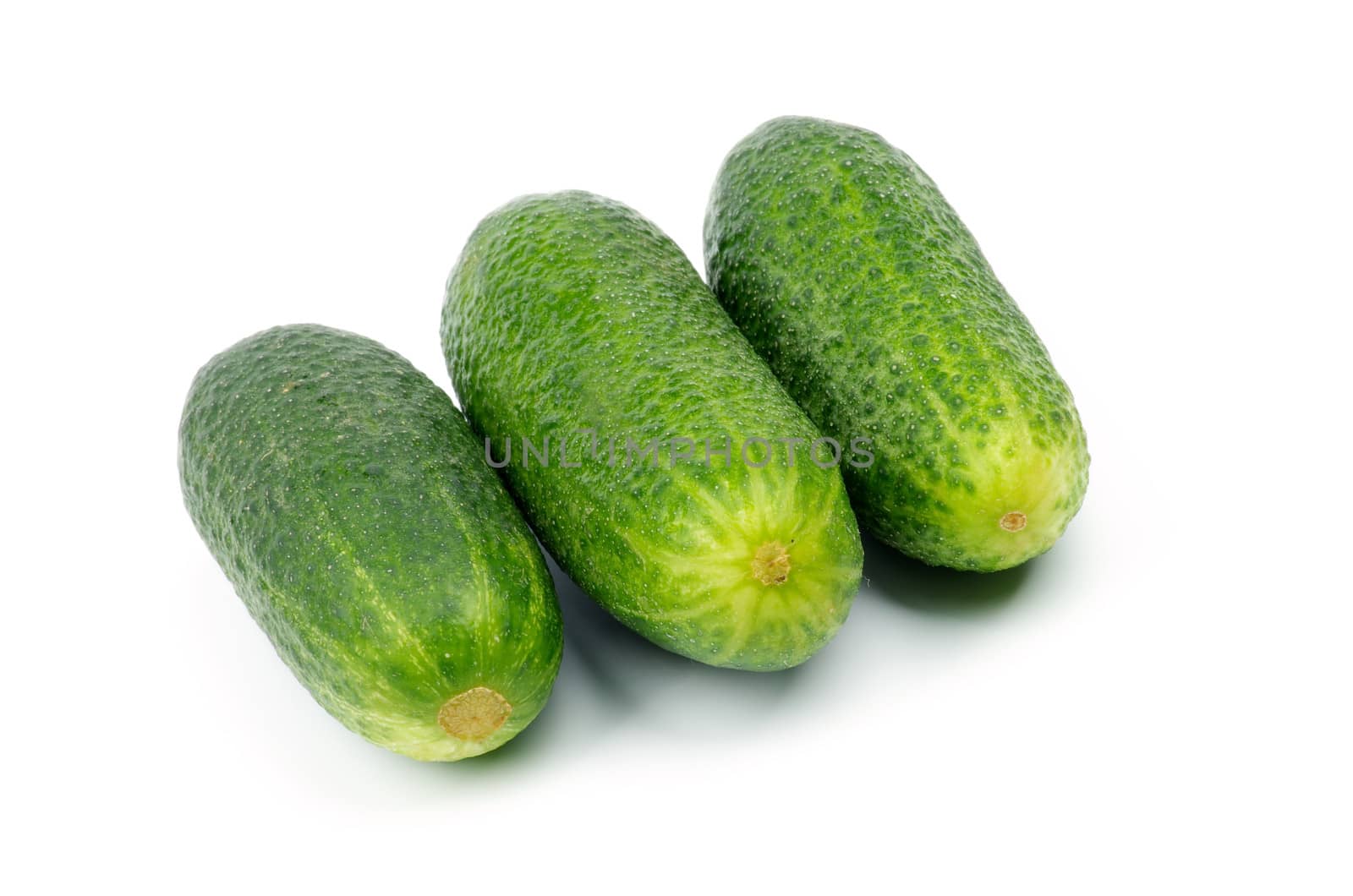 Three Raw Cucumbers In a Row isolated on white background