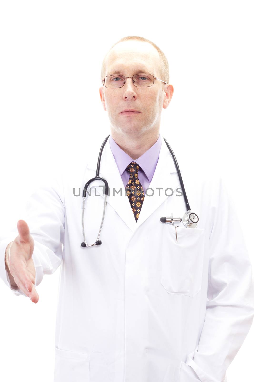 Medical doctor welcomes you by handshake