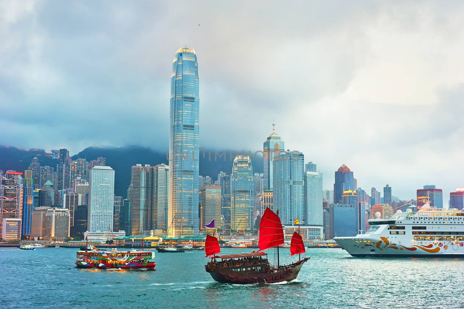Traditional chinese sailboat in Victoria harbor. Hong Kong