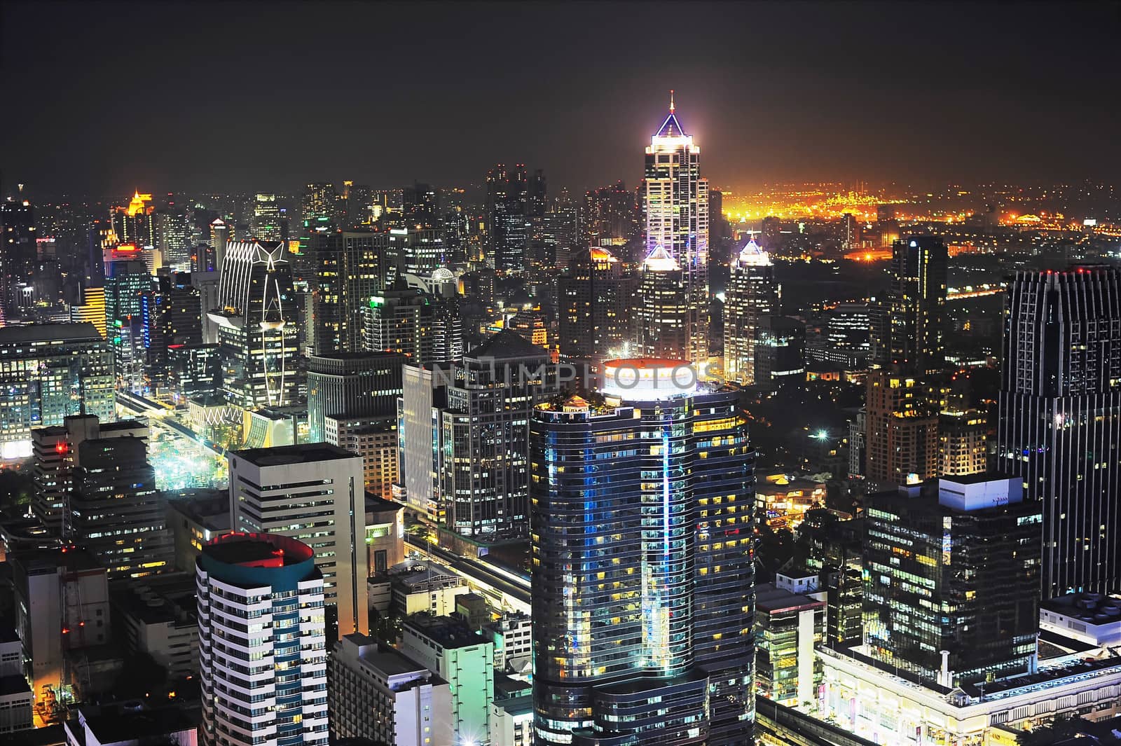 Aerial view of Bangkok at night. Thai