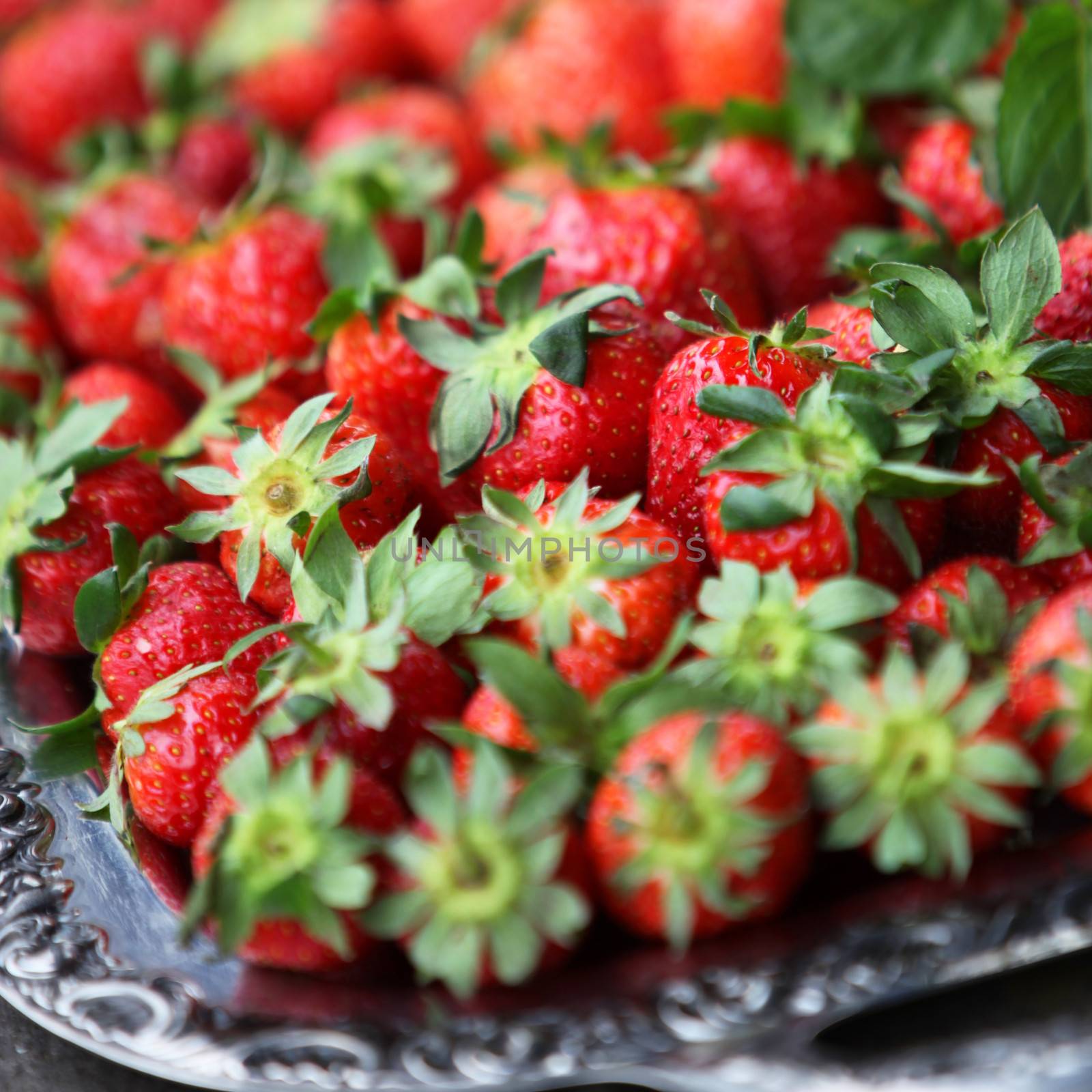 Close-up of a silver tray and fresh red strawberries