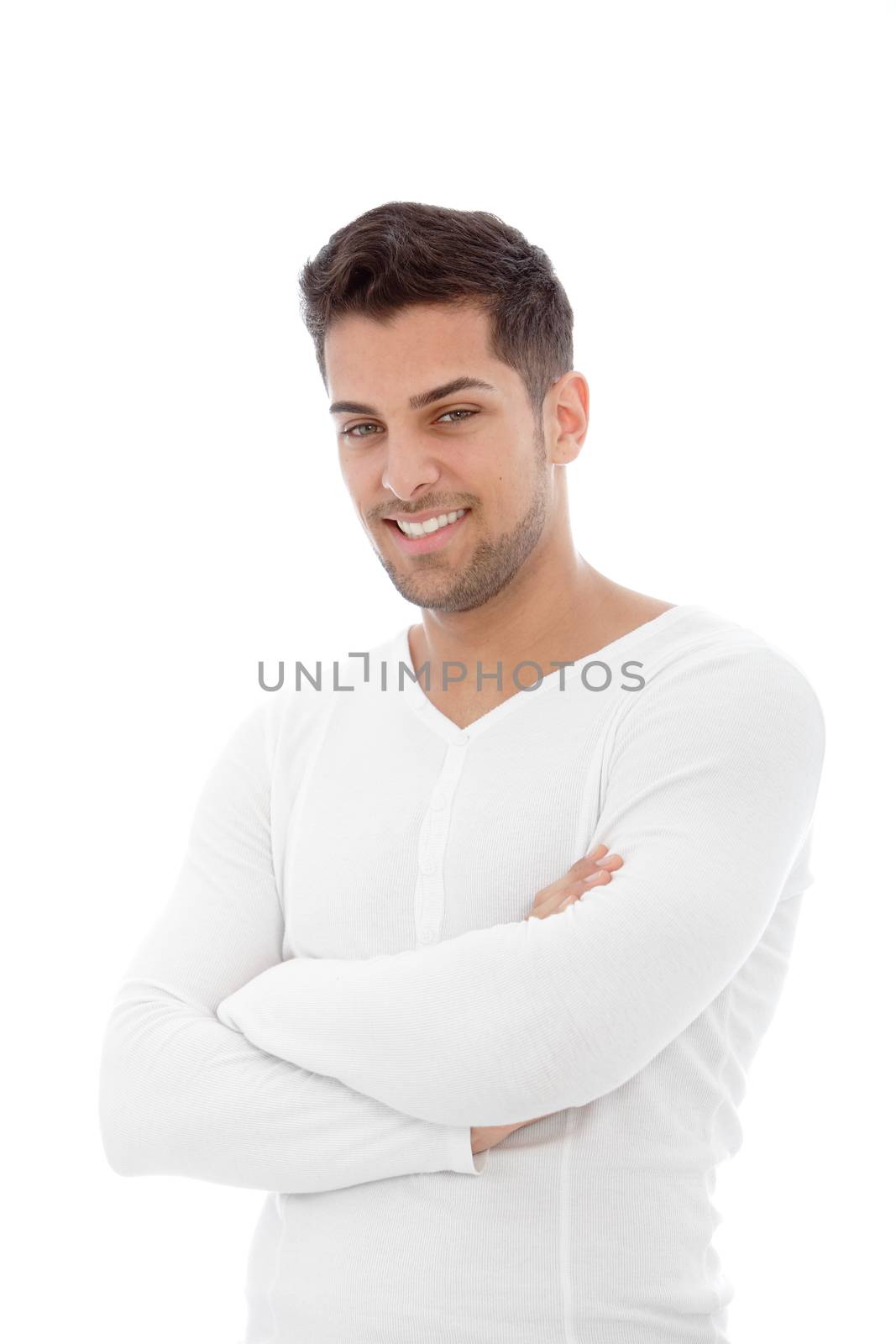American Indian handsome man posing over the white background