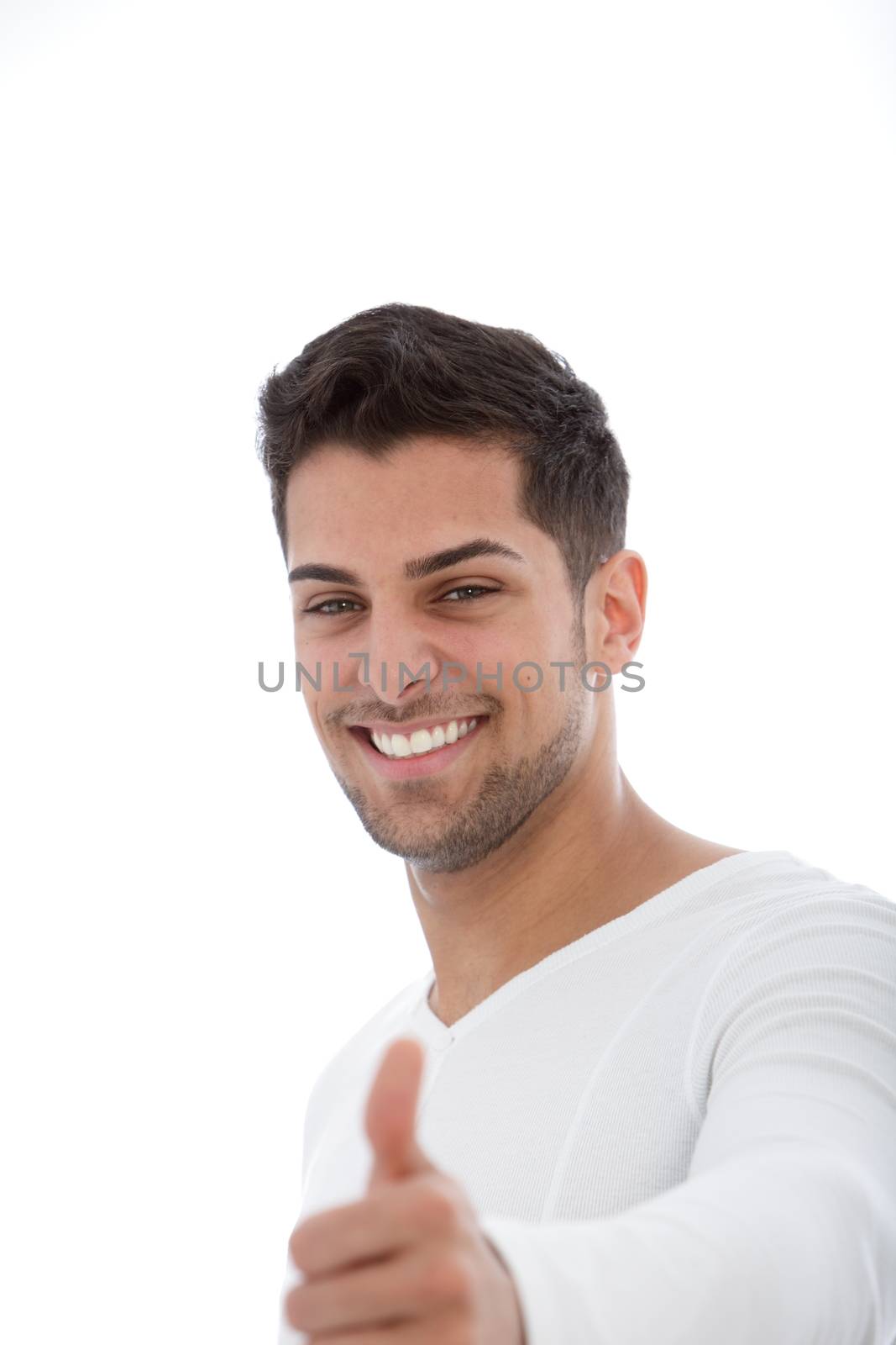 Smiling handsome man shows his thumbs up sign